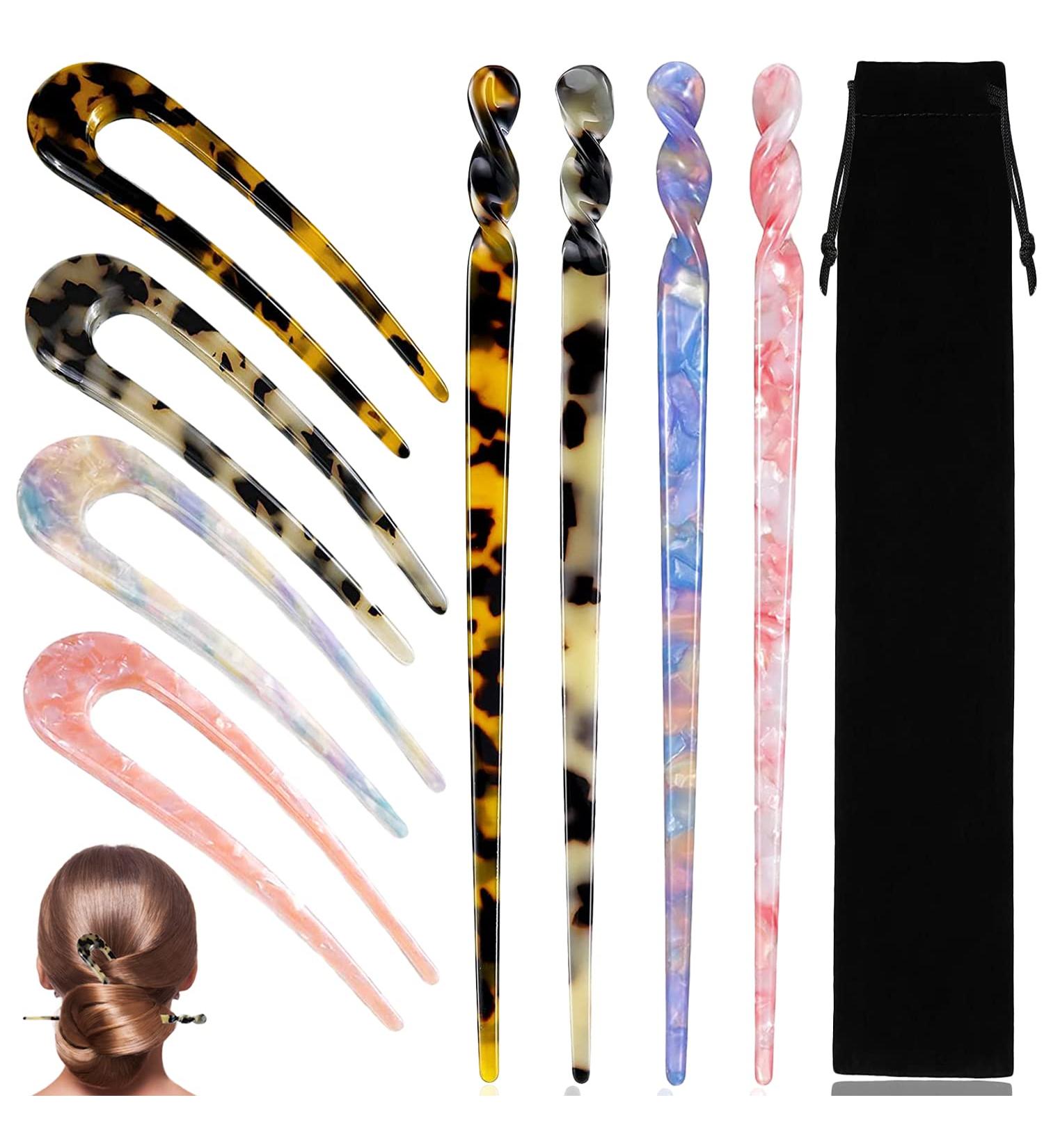 Leopard Printed Acetate Hair Sticks Set - 8 Pieces | U-Shaped French Hairpins for Women and Girls | Stylish Hair Accessories - Buy Online on GoSupps.com