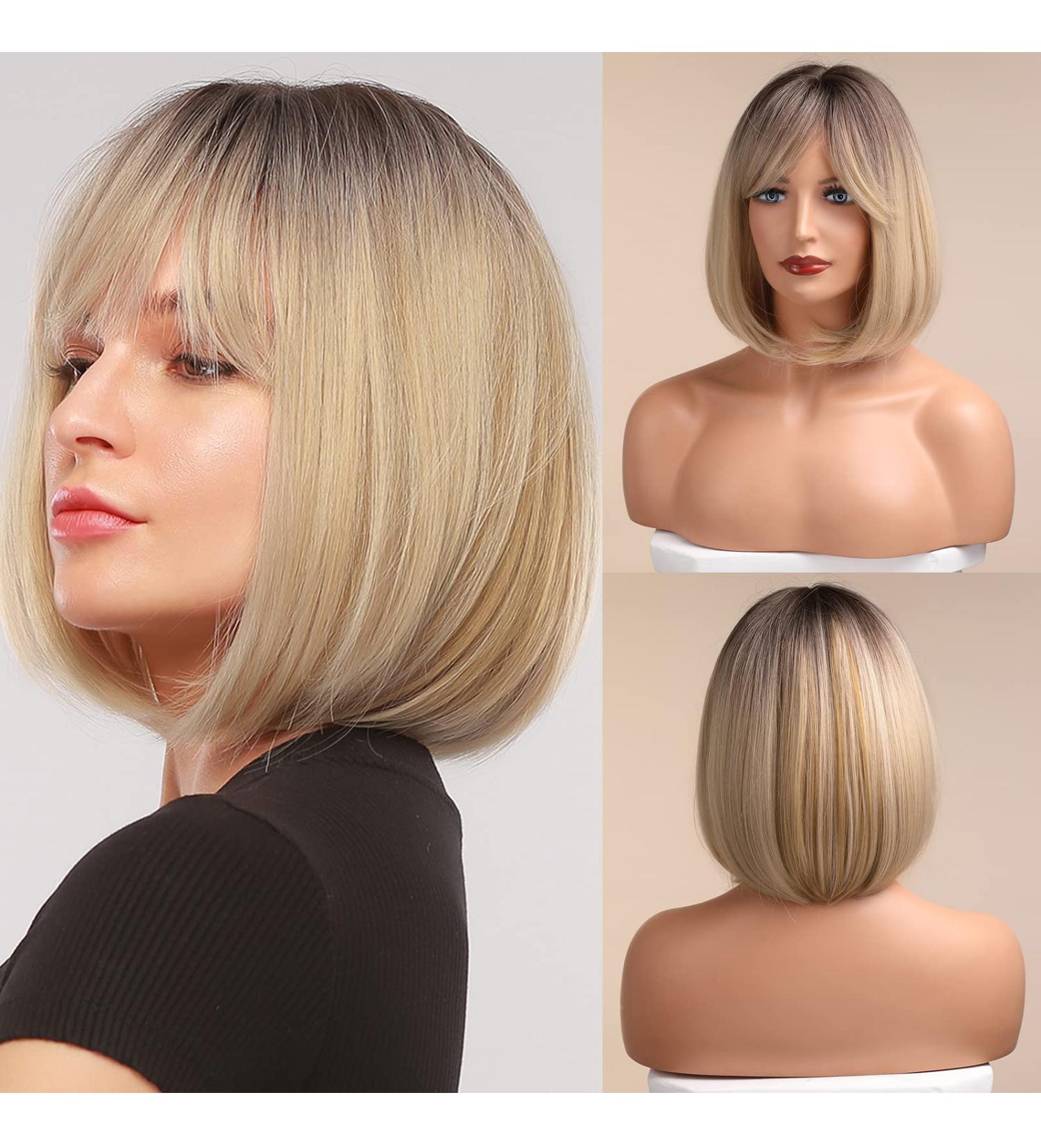 HAIRCUBE Blonde Bob Wig with Bangs | Short Natural Synthetic Wig for Daily Use - Creamy Champagne White - Buy Online on GoSupps.com