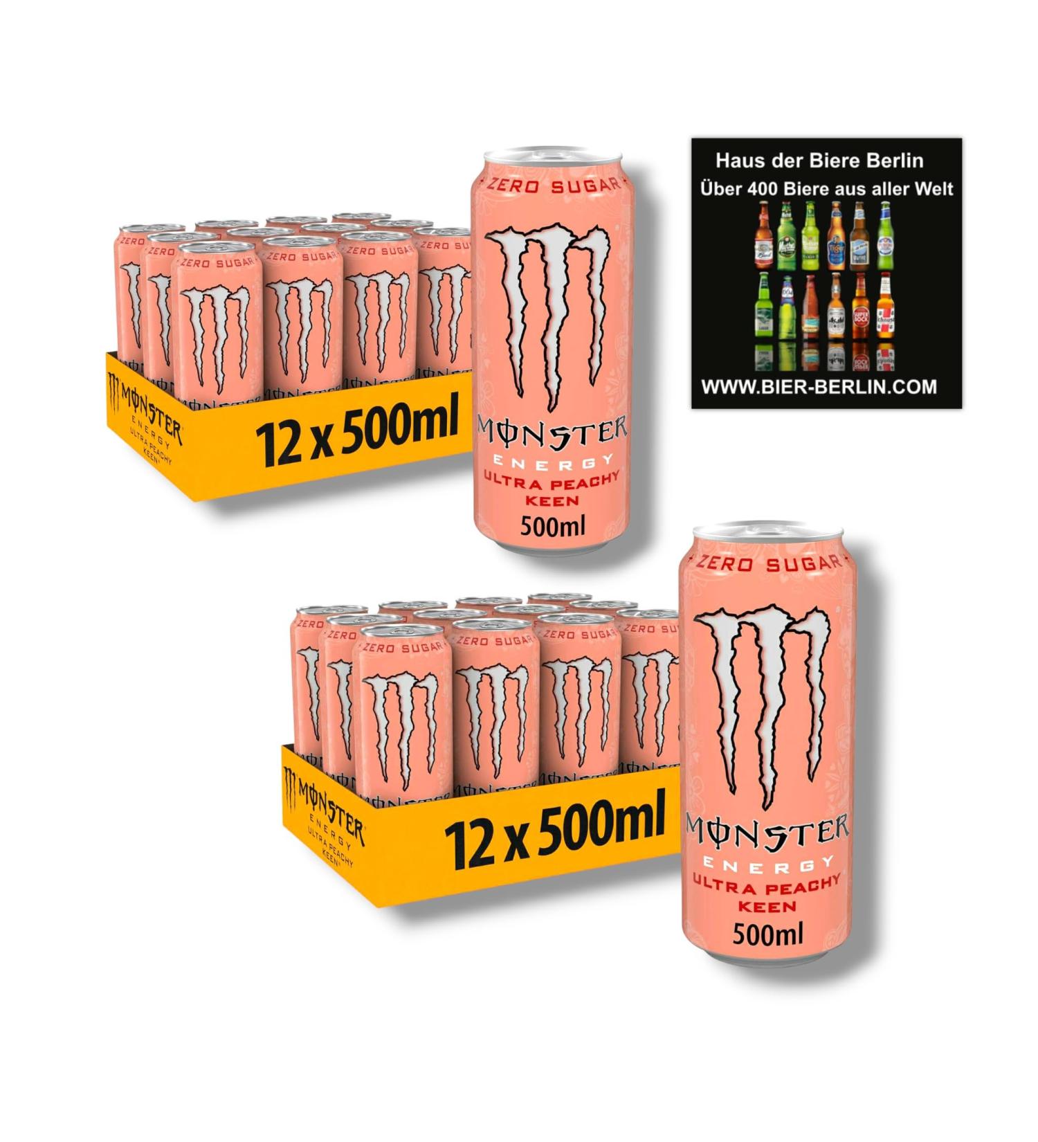 Bier Monster Energy Ultra Peachy Keen Zero Sugar Energy Drink Pack of 24 x 500ml cans with coasters Berlin Beer House - Buy Online on GoSupps.com