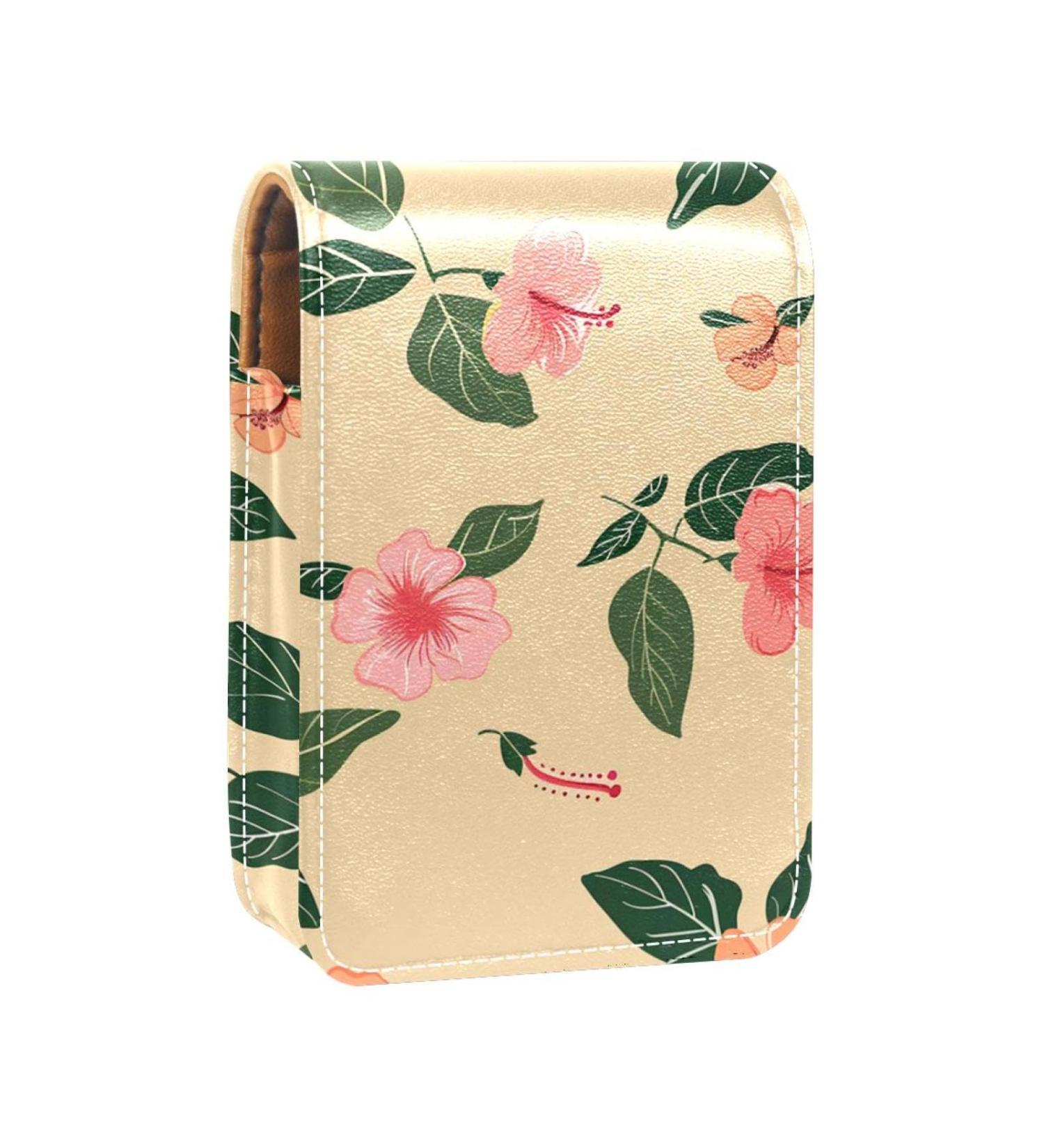 Shop Stylish Leather Lipstick Case & Mini Organizer with Mirror | Flower Tropical Palm Leaves Design - Buy Online on GoSupps.com