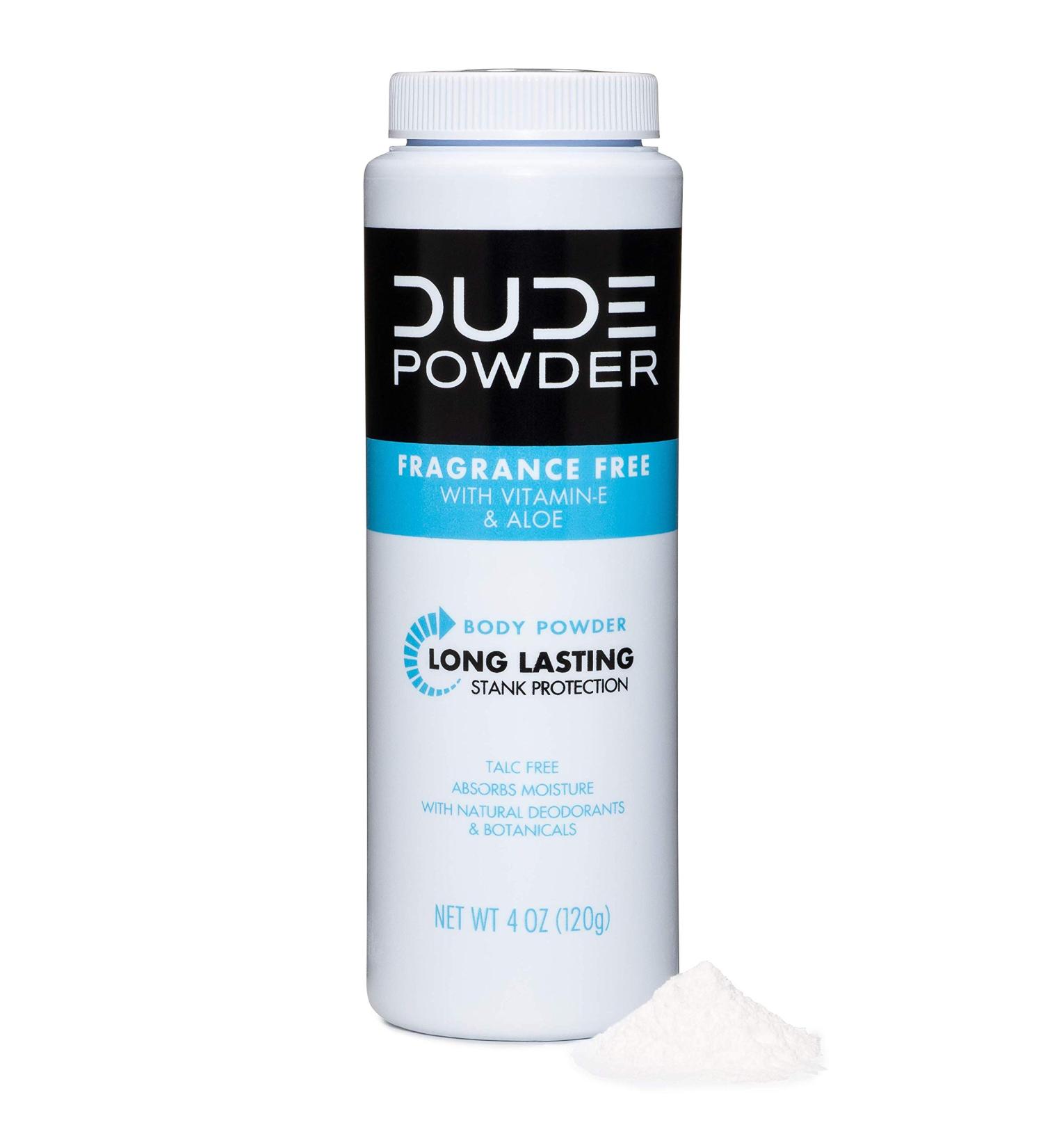 DUDE Body Powder 4oz Fragrance Free with Chamomile & Aloe - Talc & Corn-Starch Based Deodorizer for Men - Buy Online on GoSupps.com