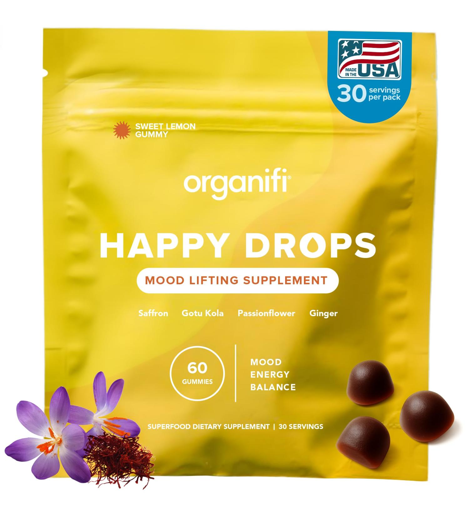 Organifi Happy Drops - Daily Superfood Happy Gummies for Adults - Mood Support Supplement for Balance Bliss Energy and Taking The Edge Off - Sweet Lemon Flavor - 60 Gummies - Buy Online on GoSupps.com
