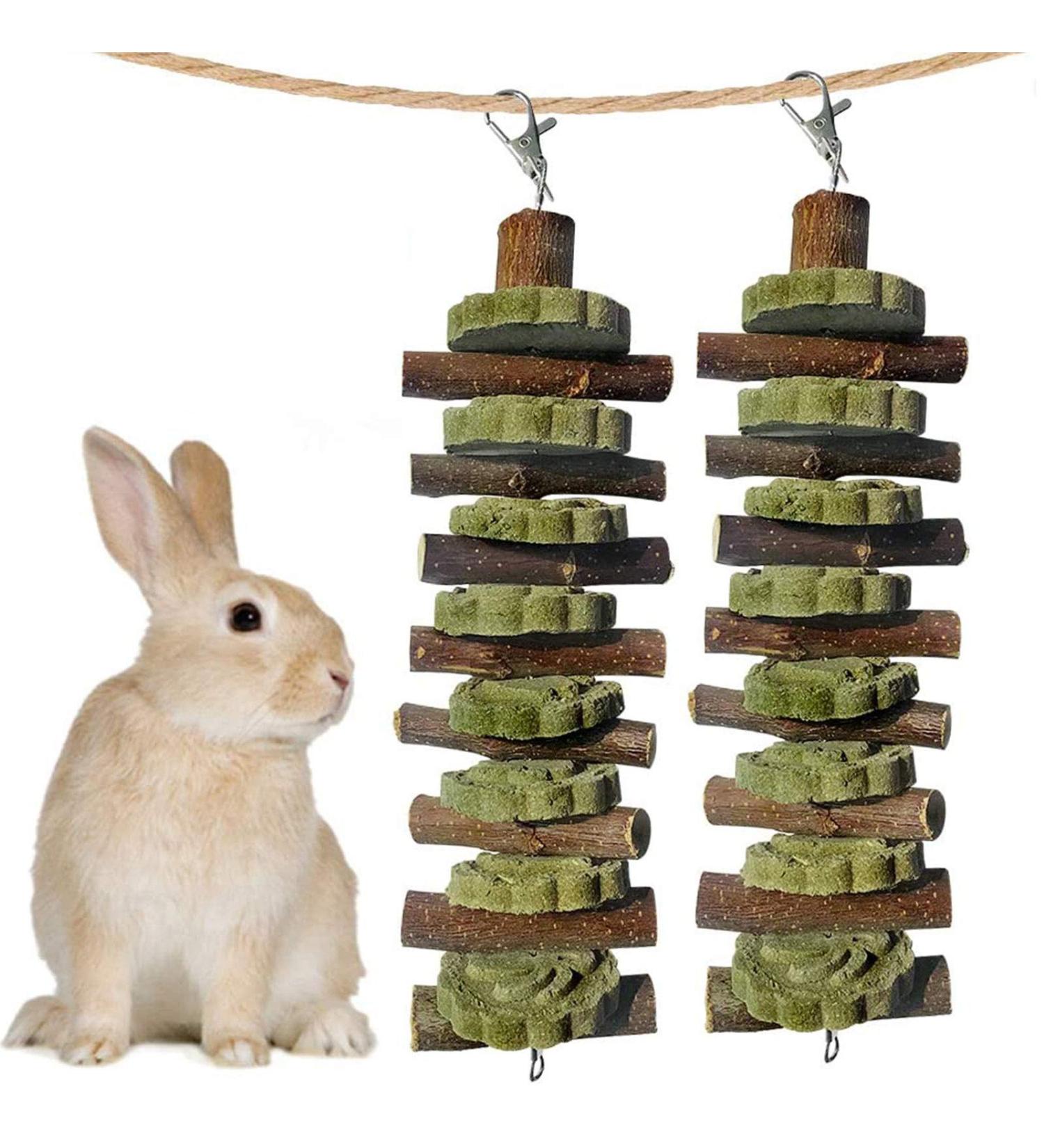 Bunny Chew Toys for Teeth Grinding - Organic Bamboo & Fruitwood Sticks for Rabbits, Guinea Pigs, Hamsters - 2 Count Pack - Includes Alfalfa Cakes - Natural and Safe - Buy Online on GoSupps.com