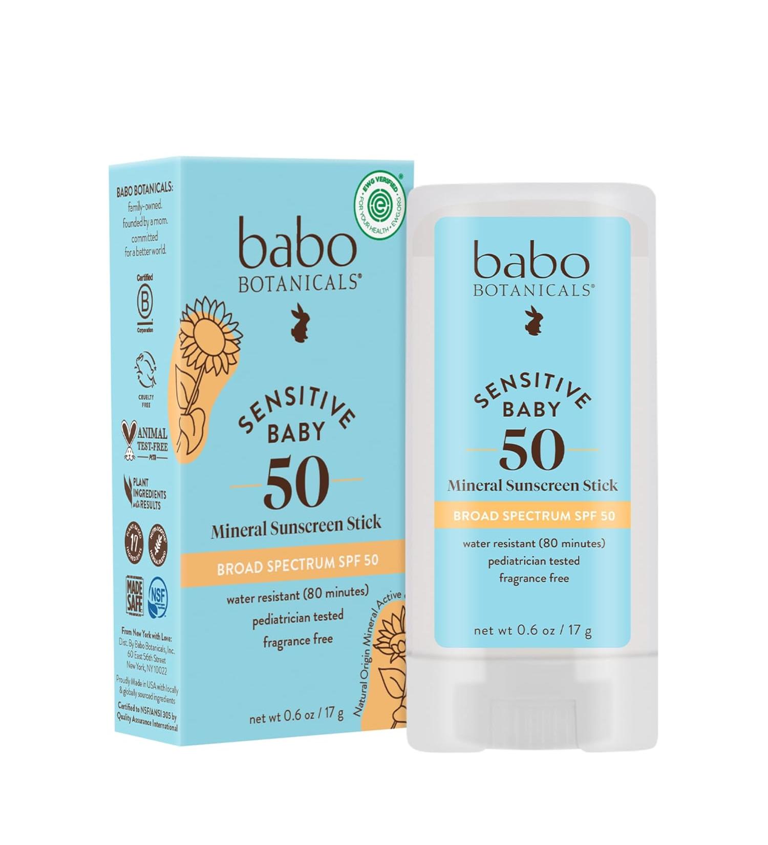 Babo Botanicals Baby Face Mineral Sunscreen Stick SPF 50 - 70% Organic Ingredients, Zinc Active, Water-Resistant, Reef-Friendly, Fragrance-Free - 0.6 oz - Buy Online on GoSupps.com