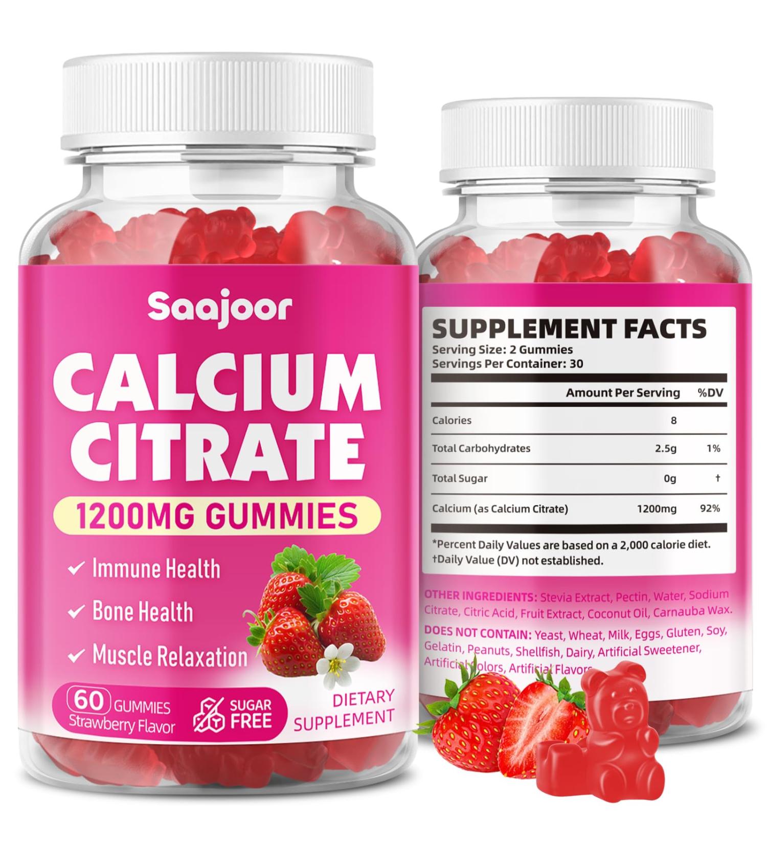 Calcium Citrate Gummies 1200 mg - High Absorption Calcium for Strong Bones Muscles & Immune Support - Vegan Non-GMO Natural Strawberry Flavor 60 Count 1pack - Buy Online on GoSupps.com