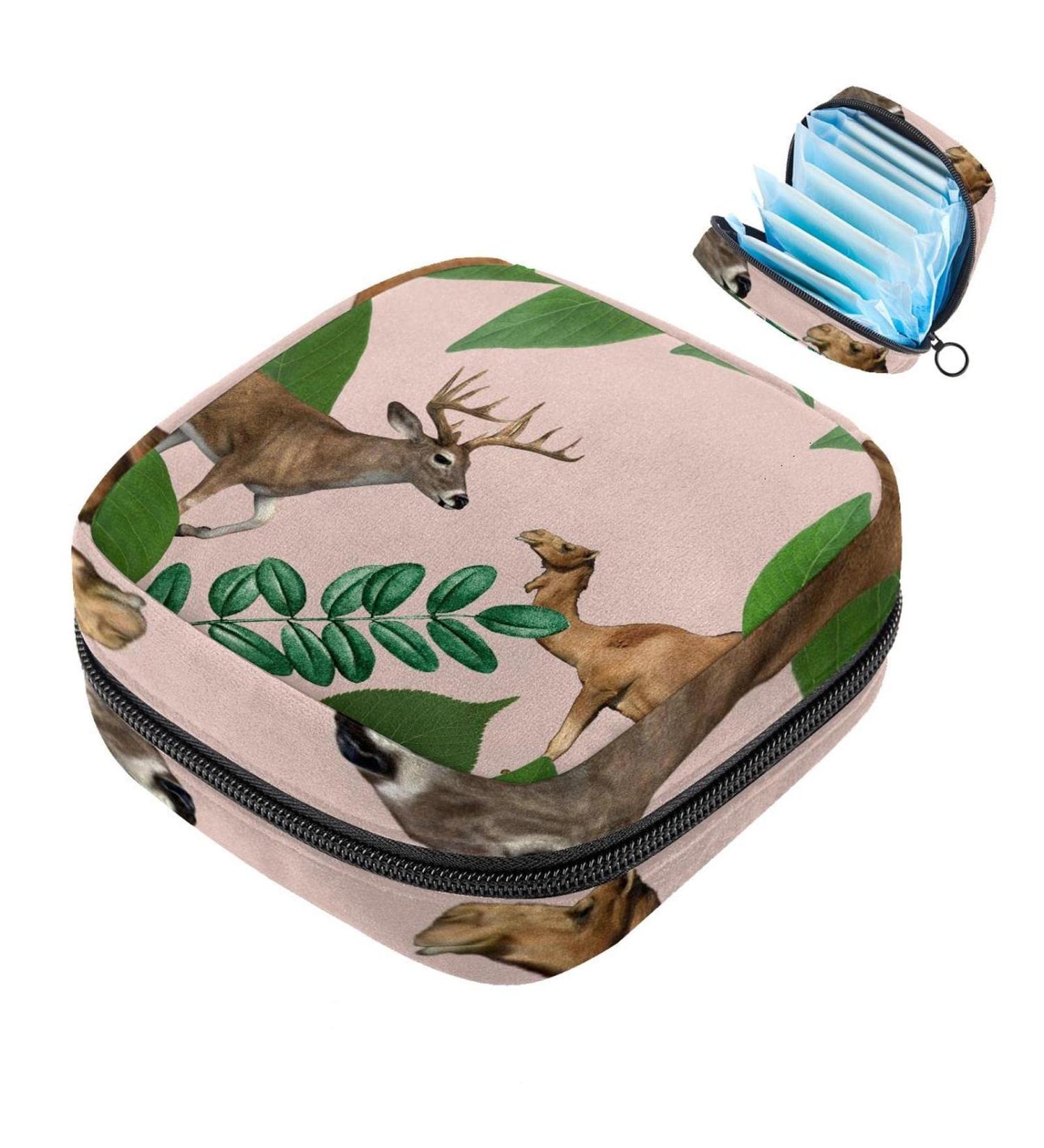 Stylish Menstruation Pad Bag with Zipper - Women's Tampon and Napkin Organizer - Camel Brain Green Leaves on Pink - Buy Online on GoSupps.com