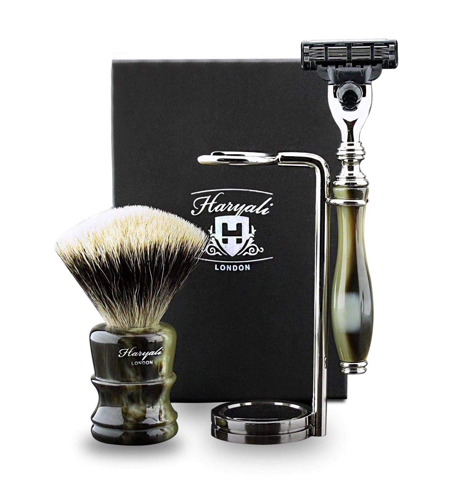 Luxury Men's Shaving Set - 3 Edge Safety Razor Silver Tip Badger Brush Double Stand - Perfect Gift for Him - Buy Online on GoSupps.com