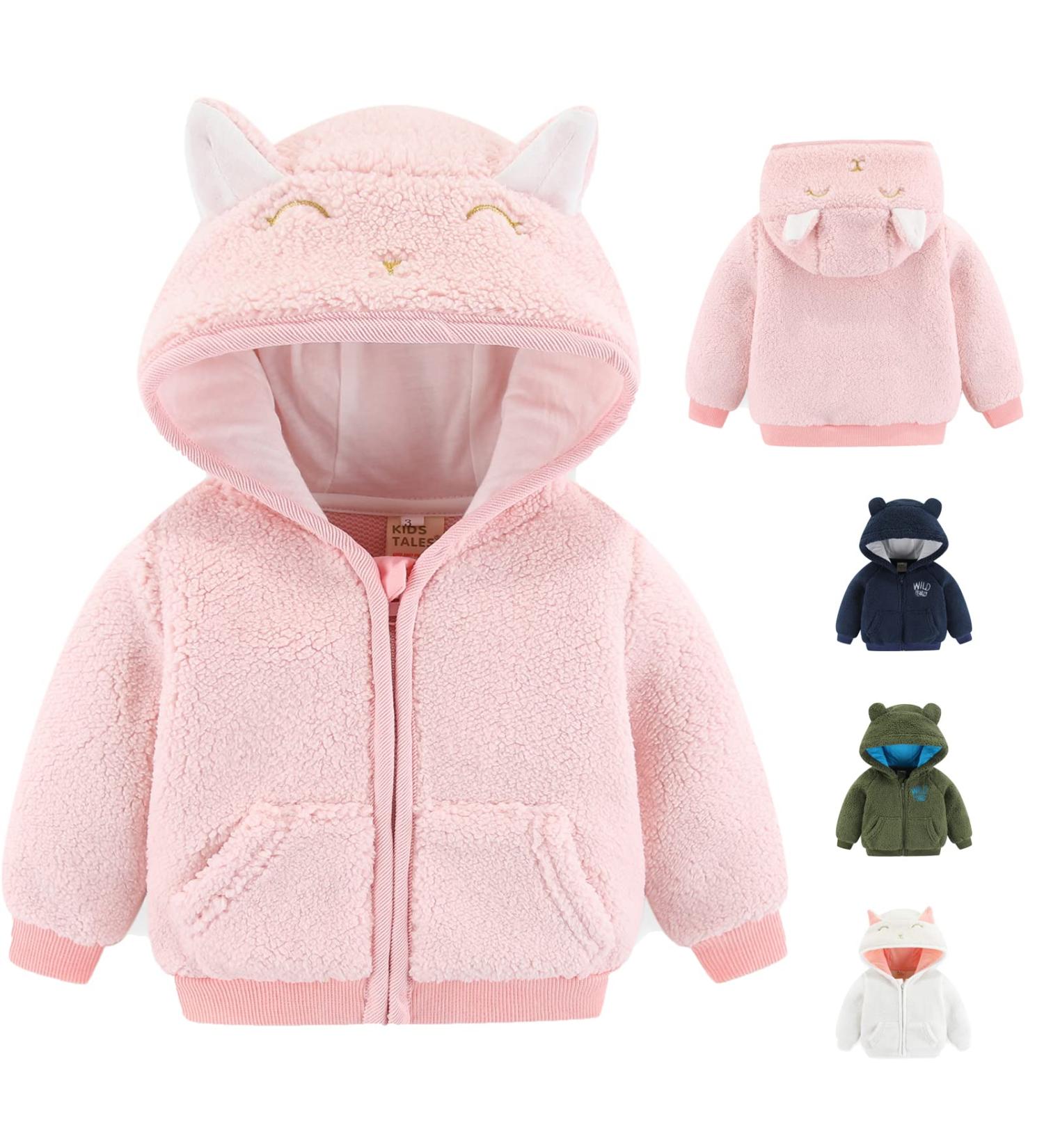 Cartoon Fleece Hooded Jacket for Newborns - Pink, Warm Infant Outwear Coat with Ears, Zipper Up 0-3 Months, Unisex, 0-6Y - Buy Online on GoSupps.com