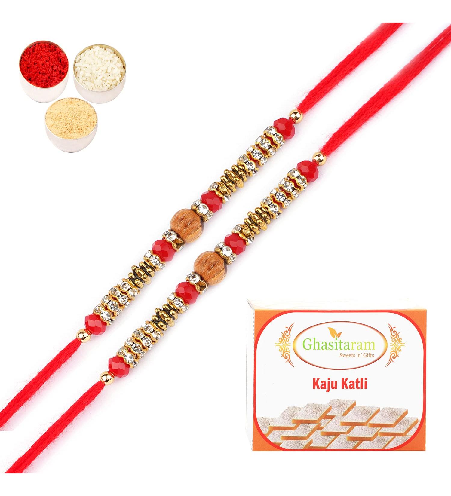 Ghasitaram Gifts Rakhi for Brother Rakhis Online - Set of 2-6968 Fancy Thread Rakhi with 400 GMS of Kaju katli - Buy Online on GoSupps.com