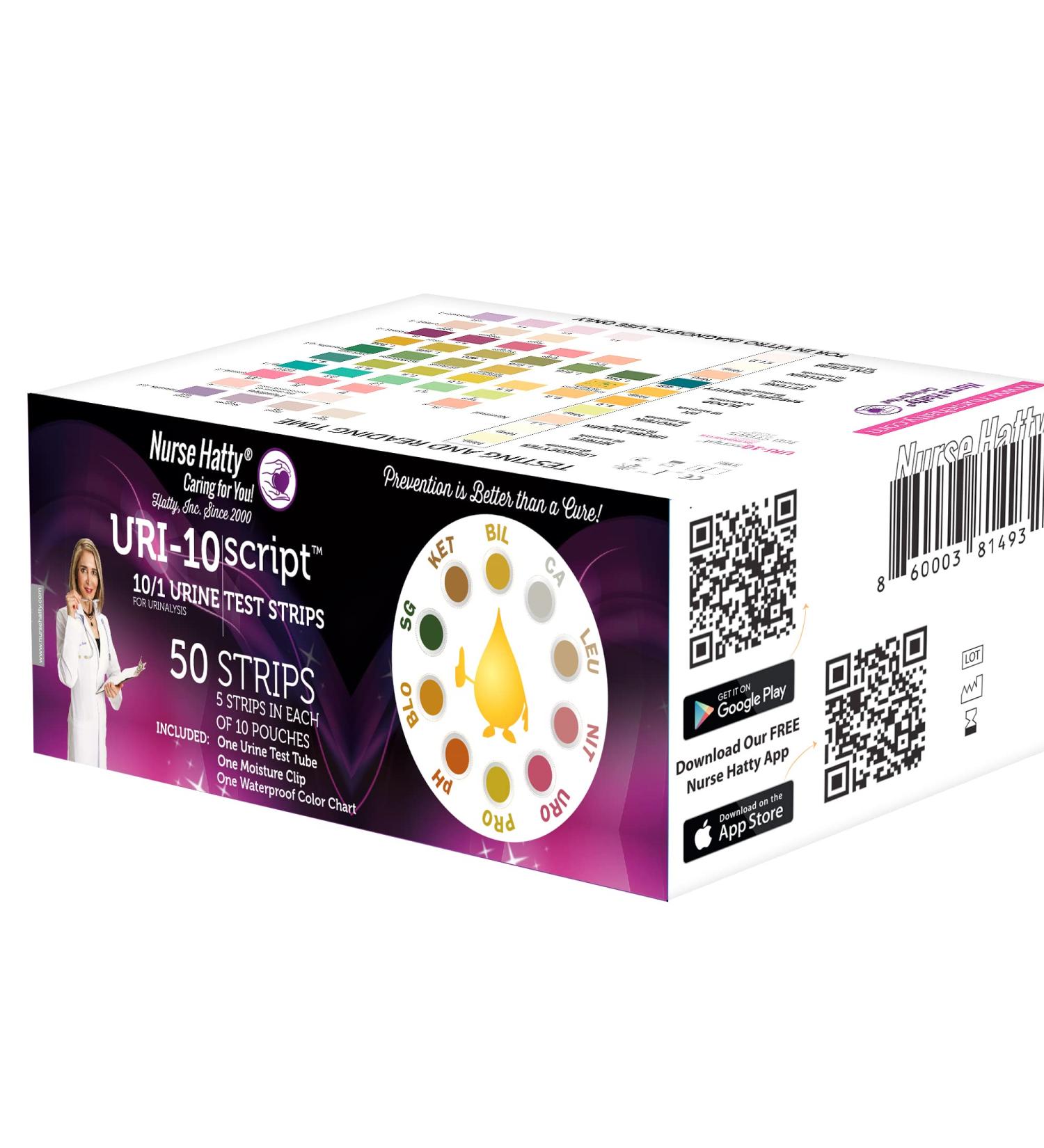 Nurse Hatty 10 Parameter Urine Test Strips - 50ct. Kit for Leukocytes, Nitrites, Protein, pH, Ketone, Bilirubin, Calcium & More! Includes Test Tube, Moisture Clip, Waterproof Chart - 5ct. X 10 Packs - Buy Online on GoSupps.com