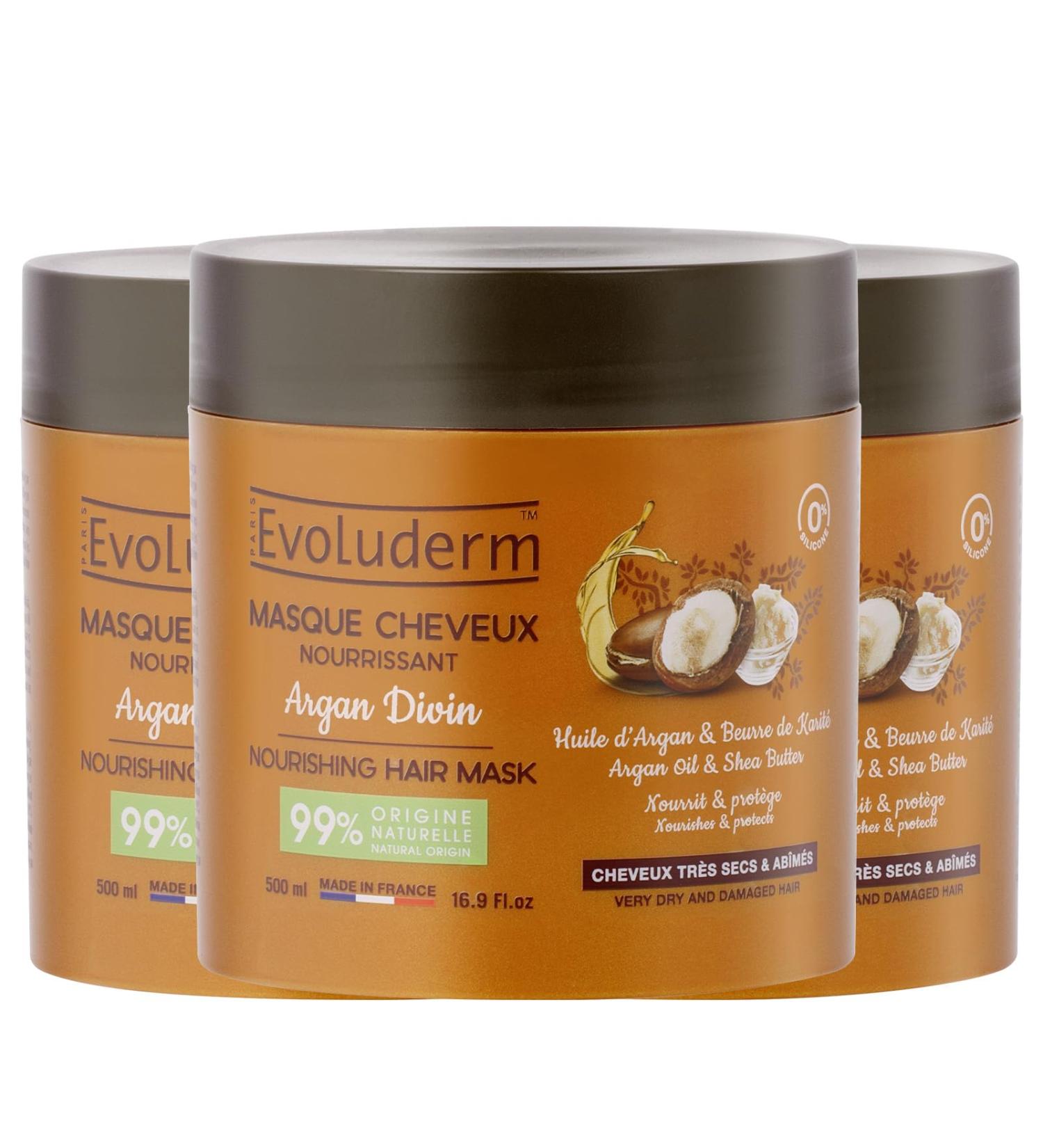  Evoluderm Evoluderm - Divine Argan Nourishing Hair Mask (500 ml) - 99% Natural Ingredients - Made in France - Pack of 3 x 500 ml - Buy Online on GoSupps.com