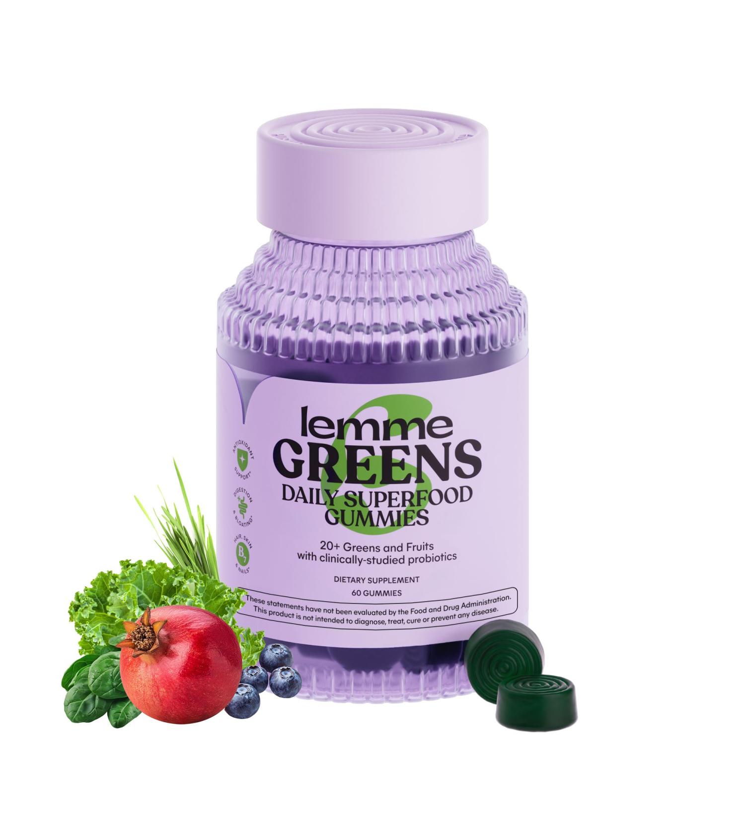 Lemme Greens Superfood Gummies w/Multi - Support Gut Health & Reduce Bloating 20+ Organic Greens and Superfruits Clinically Studied Probiotics D3 B12 - Berries & Greens Flavored (60 Count) - Buy Online on GoSupps.com