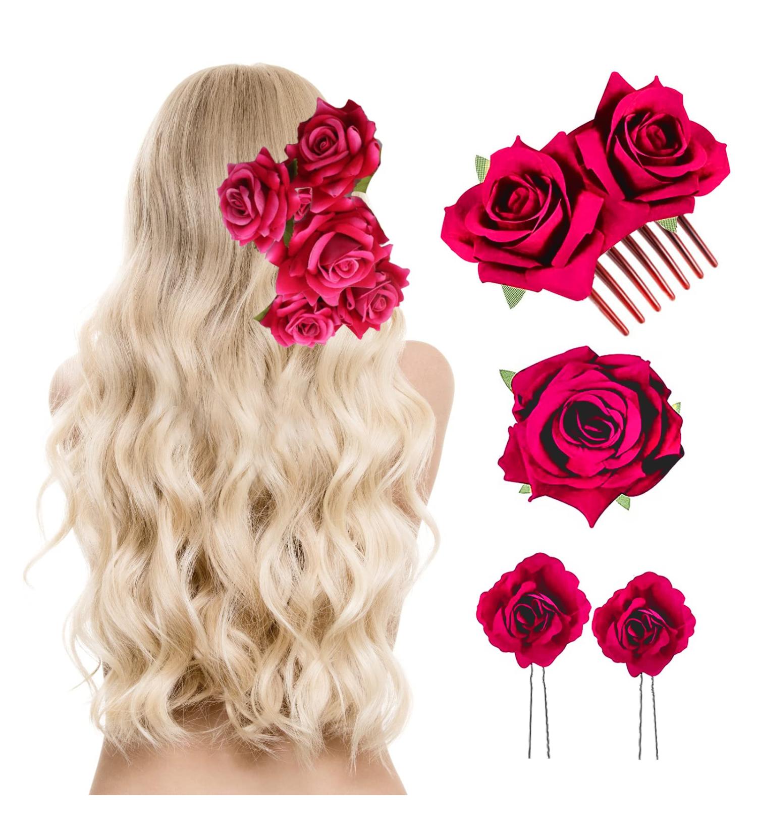 PMELCXD 4 Pieces Rose Hair Clip Flower Hairpin Rose Brooch Floral Clips Women Rose Flower Hair Accessories(Pale red) - Buy Online on GoSupps.com