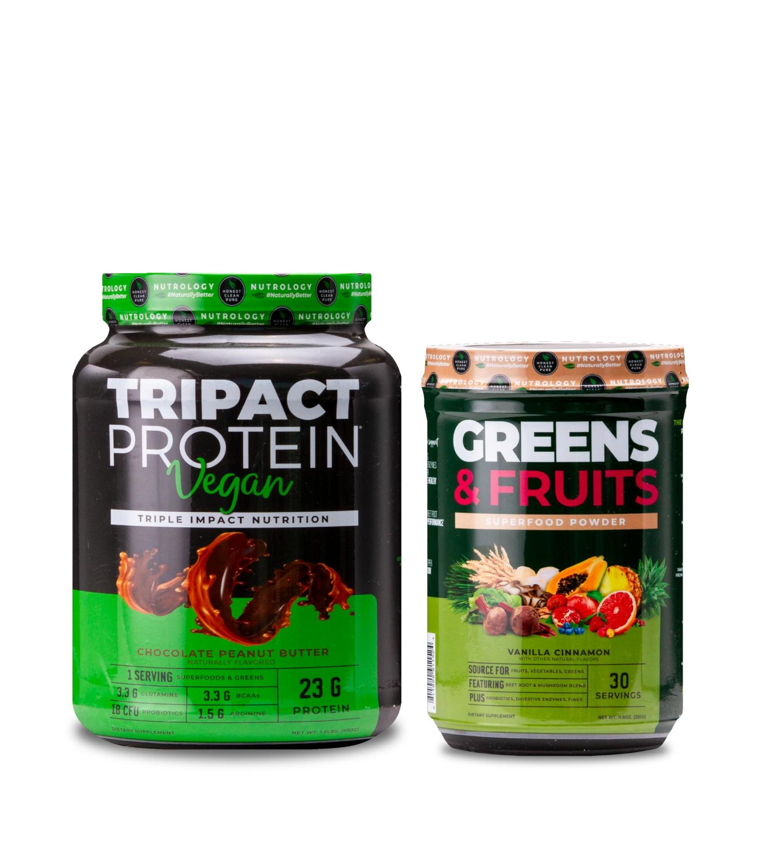 Nutrology Greens & Fruits Powder-Naturally Sourced Superfood Vanilla Cinnamon (30 Servings) TRIPACT Vegan Protein Powder Chocolate Peanut Butter (20 Servings) - Buy Online on GoSupps.com