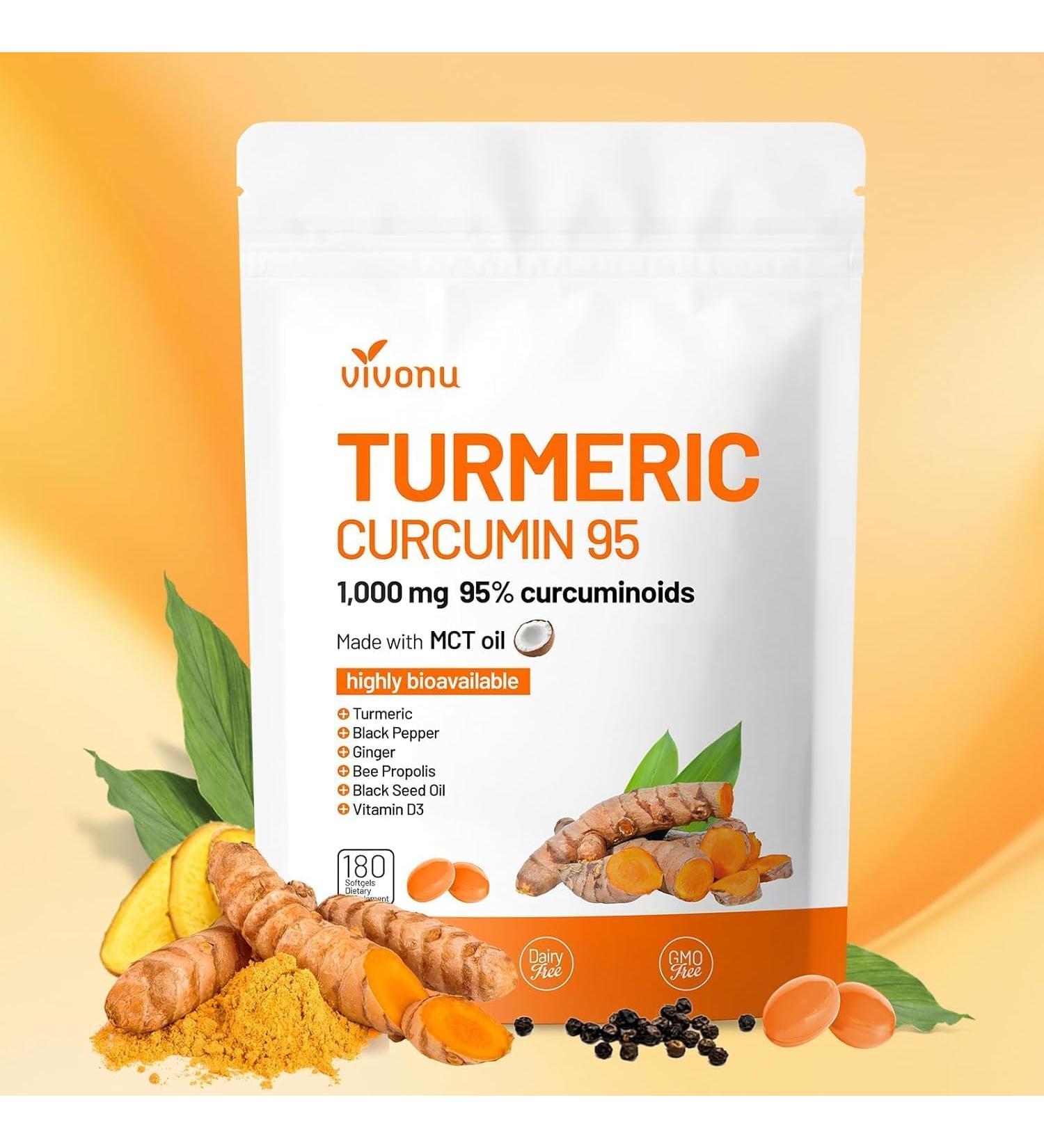 10-in-1 Turmeric Supplement Softgels 95% Curcumin for 1000mg + Cayenne Pepper Softgels Supplement with Vitamin E D3+K2 and Extracts of Grape Seed - Buy Online on GoSupps.com