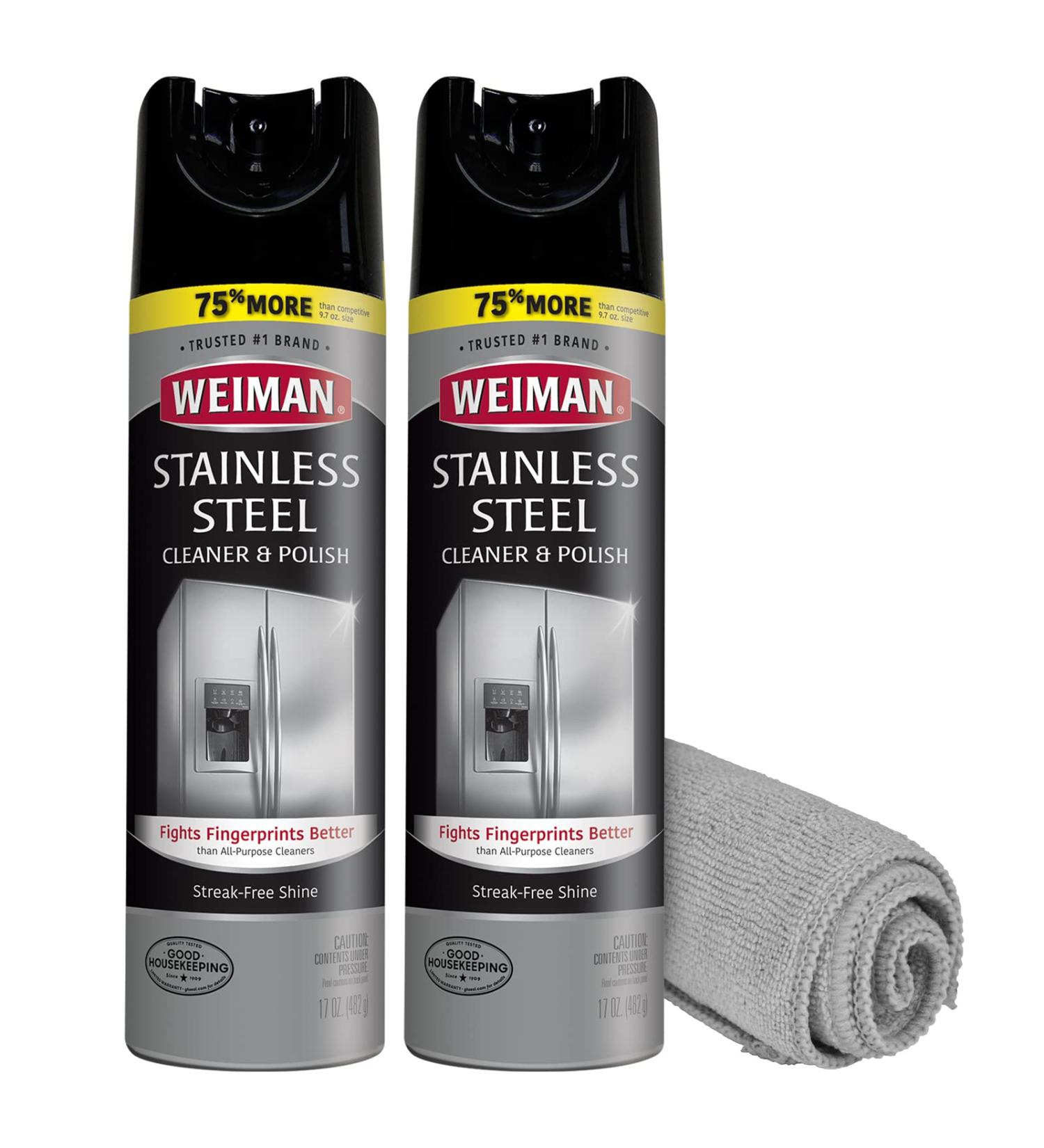 Weiman Stainless Steel Cleaner & Polish - 2 Pack Aerosol Spray with Microfiber Cloth - Streak-Free Shine for Refrigerator, Oven, Dishwasher, Stove - Protects from Fingerprints - Buy Online on GoSupps.com