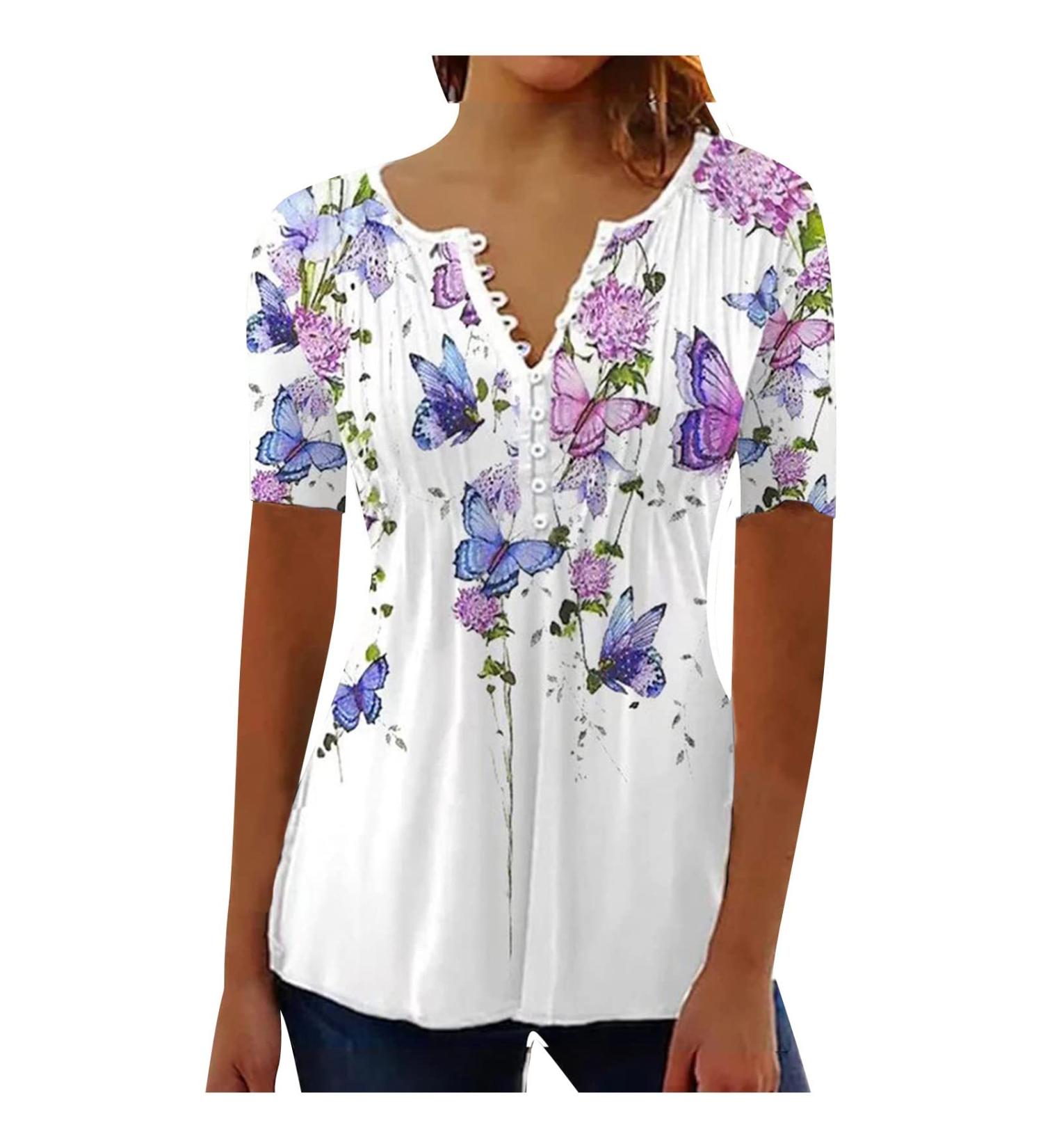 Women's Short Sleeve Floral Button Down Shirt - V Neck Tunic Blouse for Summer - Casual and Dressy Top (White, Medium) - Buy Online on GoSupps.com