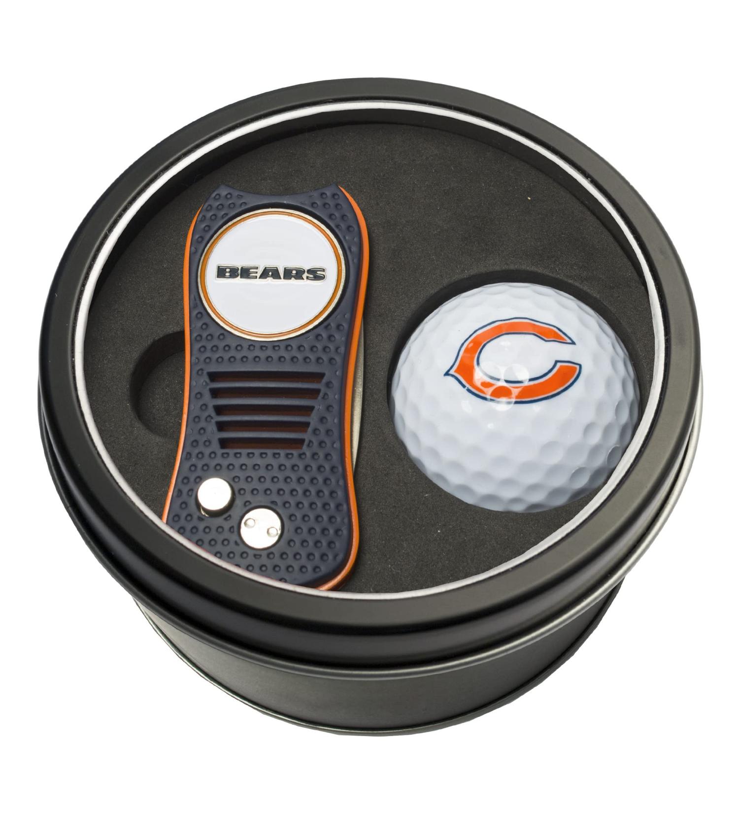 Team Golf NFL Gift Set SwitchBlade Divot Tool with Double-Sided Magnetic Ball Marker & Golf Ball Patented Single Prong Design Less Damage to Greens Switchblade Mechanism Chicago Bears