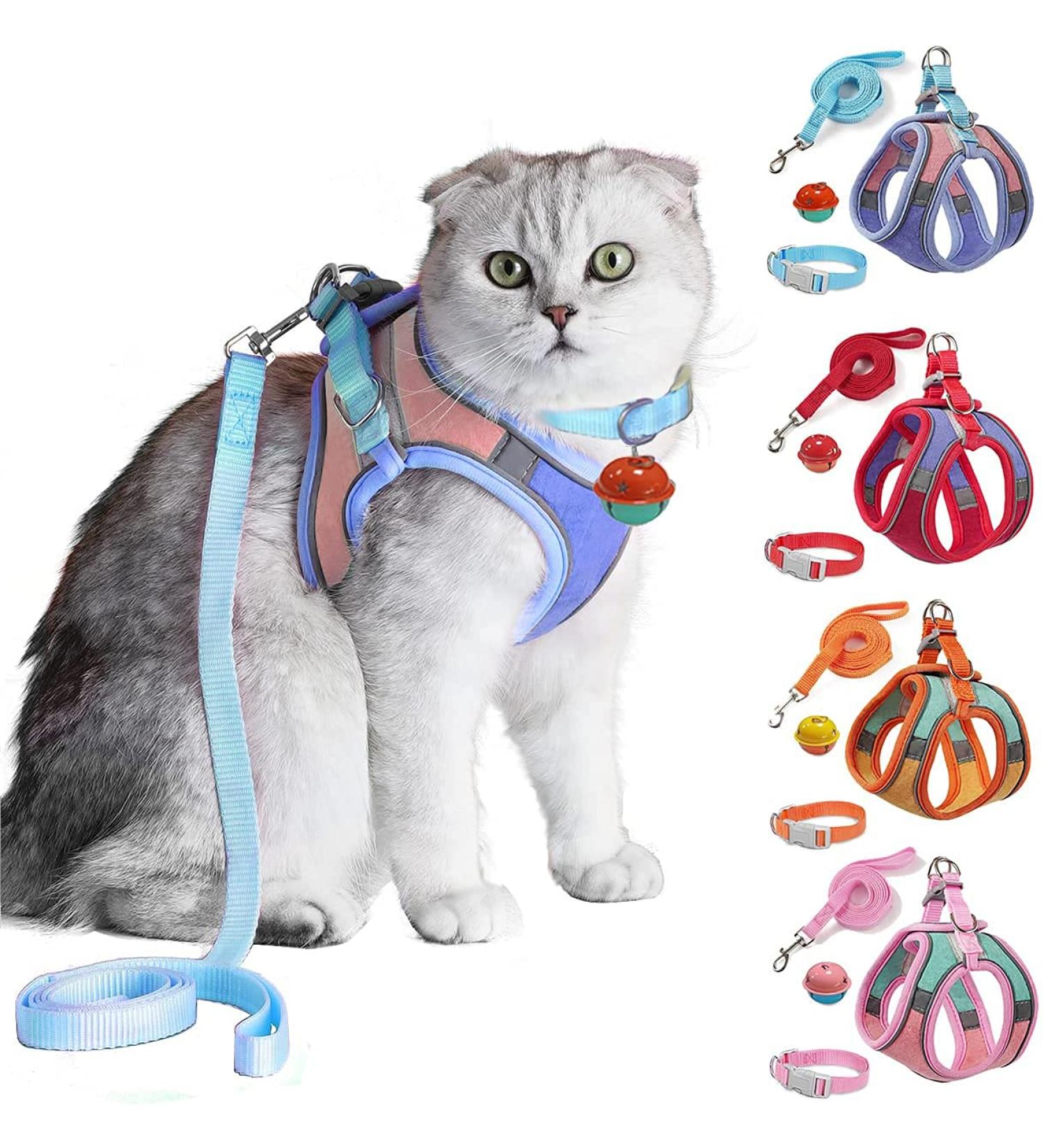 JSXD Cat Harness Leash and Collar Set - Escape Proof Vest for Easy Walking - Reflective and Night Safe - Small to Large Kittens, Puppies, Rabbits - Blue/Pink - Buy Online on GoSupps.com