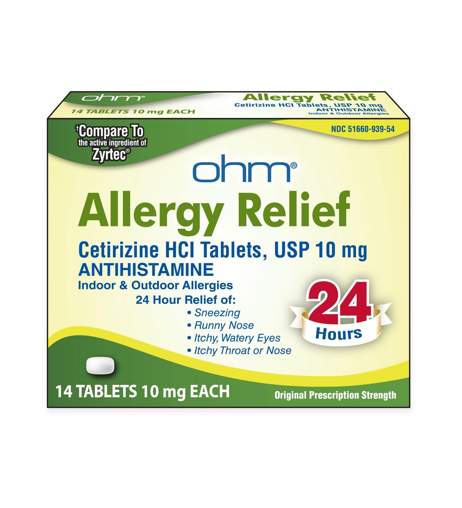 Ohm 24-Hour Allergy Medicine (14-Count) Antihistamine for Pollen Hay Fever Dry Itchy Eyes Allergies | Cetirizine HCl 10mg Tablets