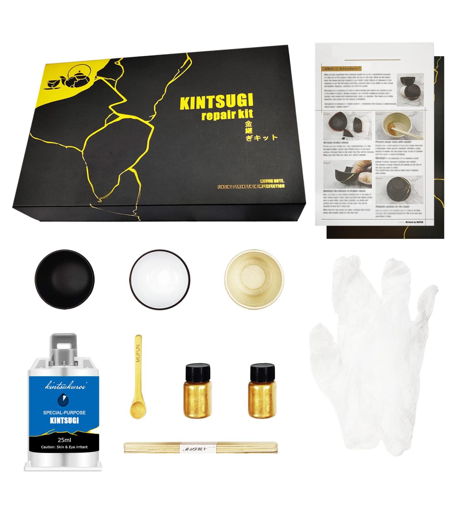 MUFUN Kintsugi Repair Kit - Gold Powder Glue for Meaningful Pottery, Includes 2 Practice Ceramic Cups - Buy Online on GoSupps.com
