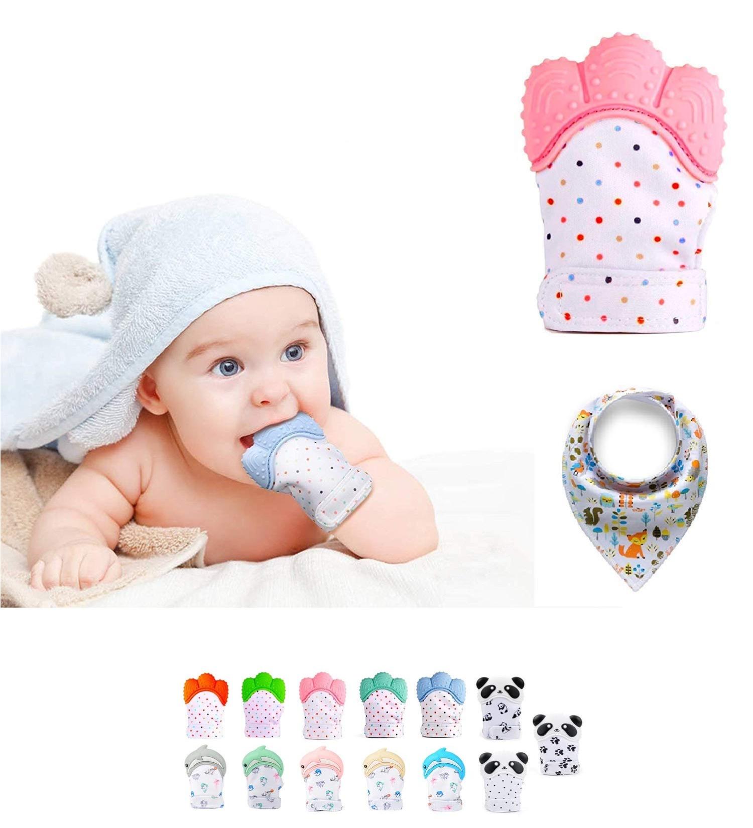 Funky Planet Baby Bite Glove & Bandana Bib - Safe Teething Toy for Infants - Silicone Rustling Gear for Dental Aid - Pink - Buy Online on GoSupps.com