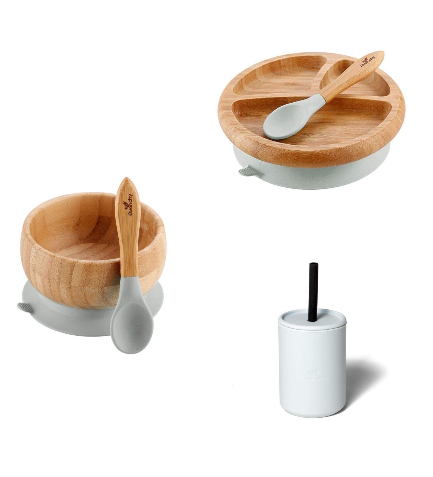 Avanchy Mini Silicone Cup Bamboo Baby Plate & Spoon Set - Gray - Buy Online on GoSupps.com