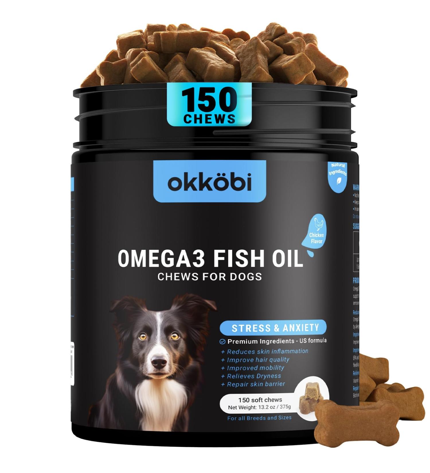 Omega 3 Chews for Dogs - 150Pcs - Dog Skin and Coat Supplement - Rich in EPA & DHA Fatty Acids - Itching Skin Relief Chews - Reduce Hair Shedding - Made with Fish Oil - Chicken - Buy Online on GoSupps.com