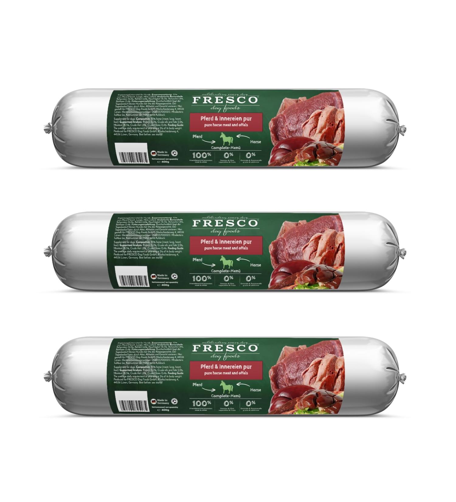 Fresco Dog Pure Horse Barf Sausage | Pack of 3 | 3 x 400 g | Complete Food for Dogs | Can Help to Feed Dogs Well | Only Horse as the Only Source of Protein - Buy Online on GoSupps.com