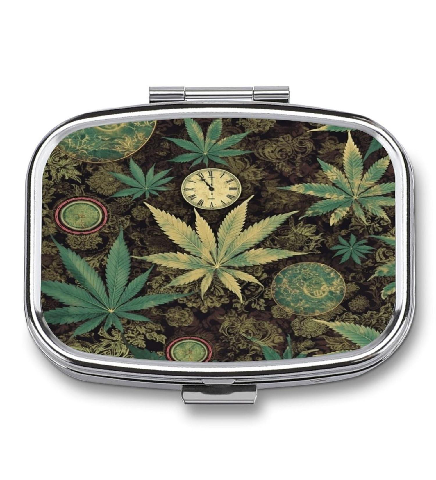 Pill Box A Puff in Time | Decorative 2 Compartment Marijuana Print Pill Organizer | Portable Metal Case for Pocket & Purse - Shop Internationally - Buy Online on GoSupps.com