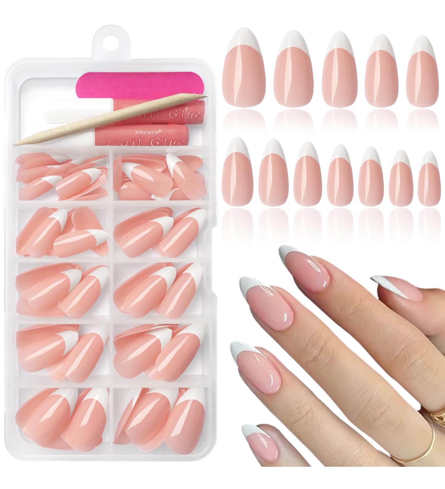 120Pcs White French Tip Press on Nails - Almond Shape Glossy Nude Full Cover False Nails with Adhesive Tabs for Women & Girls - Buy Online on GoSupps.com