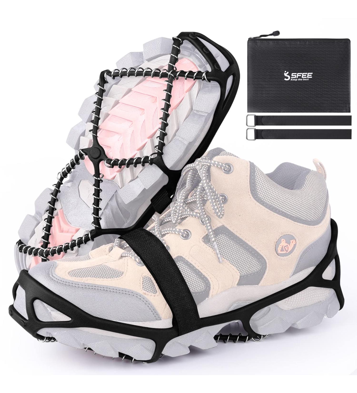 Sfee Ice Cleats - Anti-Slip Snow Grips Crampons for Shoes/Boots | Portable Traction for Walking, Climbing, Hiking, Fishing | Outdoor Running Gear with 2 Velcro Straps - Black (Large) - Buy Online on GoSupps.com