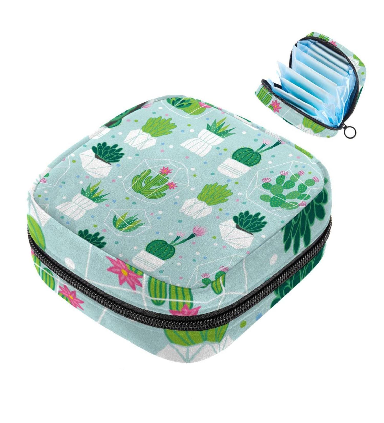 Portable Menstrual Cup & Sanitary Napkin Storage Bag for Teens & Women - Cactus Green Plant Design - Buy Online on GoSupps.com