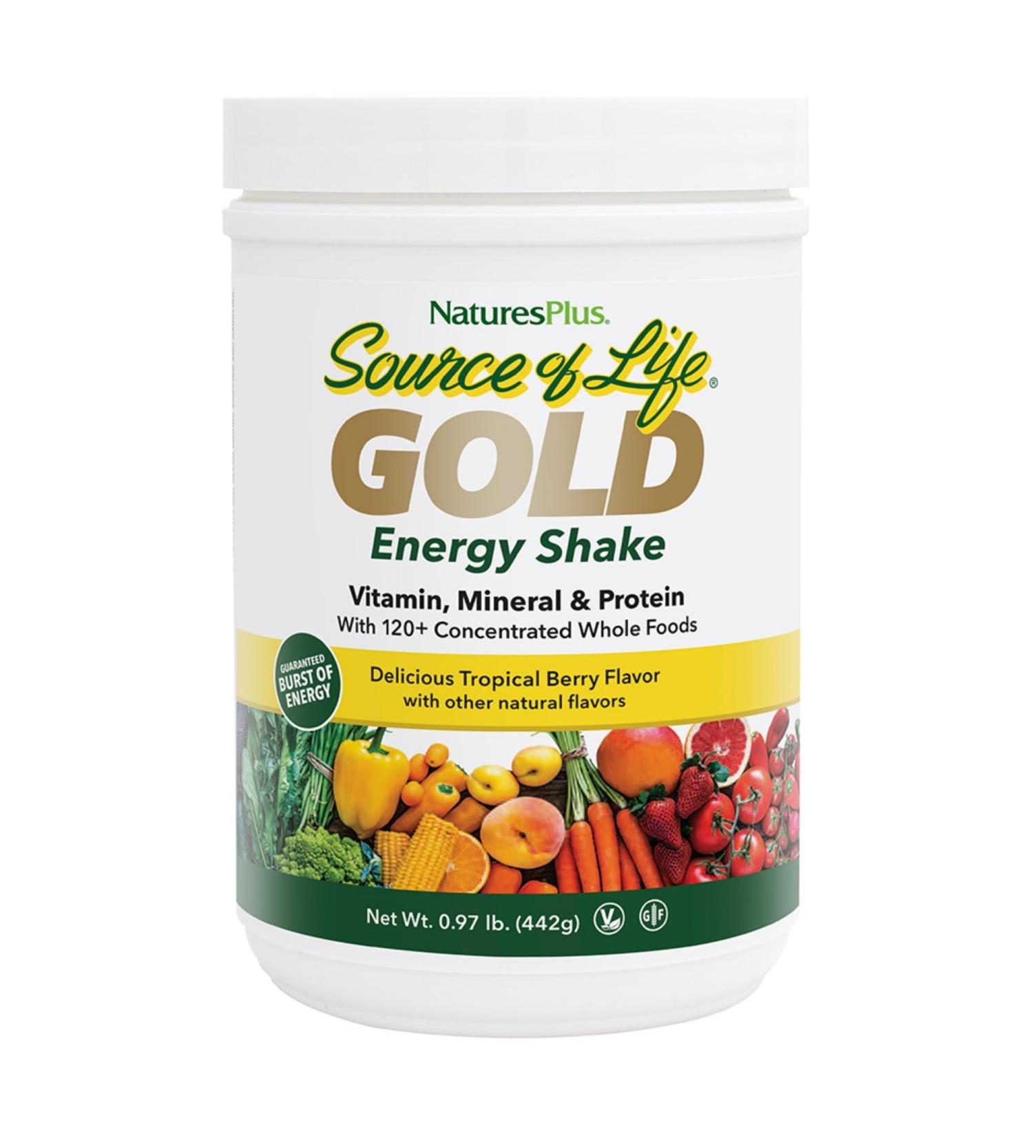 NaturesPlus Source of Life Gold Energy Shake - 0.97 lb - Tropical Berry Flavor - Vitamin Mineral & Protein Formula with 120+ Concentrated Whole Foods - Vegetarian & Gluten Free - 13 Servings - Buy Online on GoSupps.com