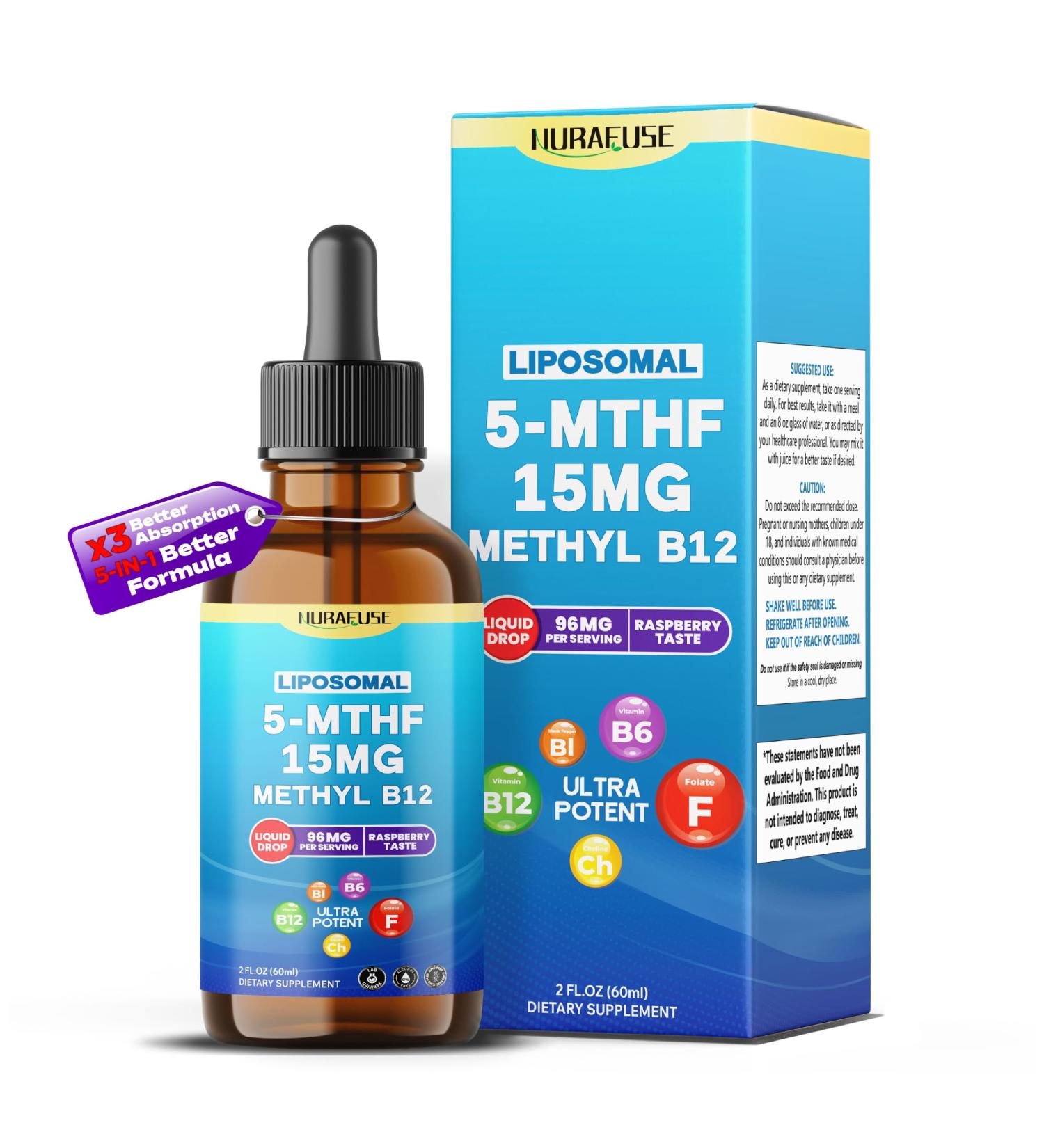 Liposomal 5-MTHF 15mg & Methyl B12 Liquid Drops 96mg per Serving Ultra Potent Raspberry Taste USA Made & Lab Tested 2 FL OZ (60ml) 60ml (pack of 1) - Buy Online on GoSupps.com