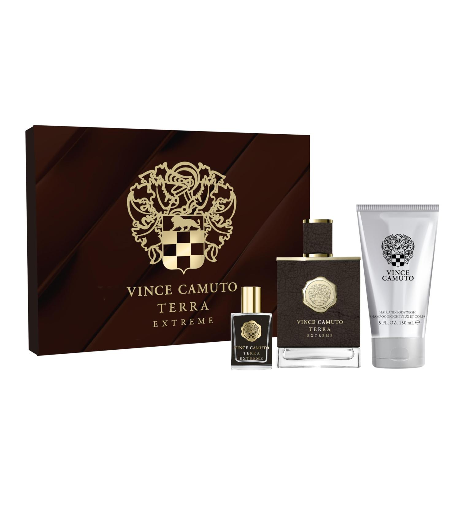 Vince Camuto Terra Extreme 3 PC Men's Gift Set Warm Woody Oriental Fragrance Christmas Gift for Him Includes Eau de Toilette 3.4 Fl Oz + Travel Size Mini 0.5 Fl Oz + 5 Fl Oz Hair & Body Wash