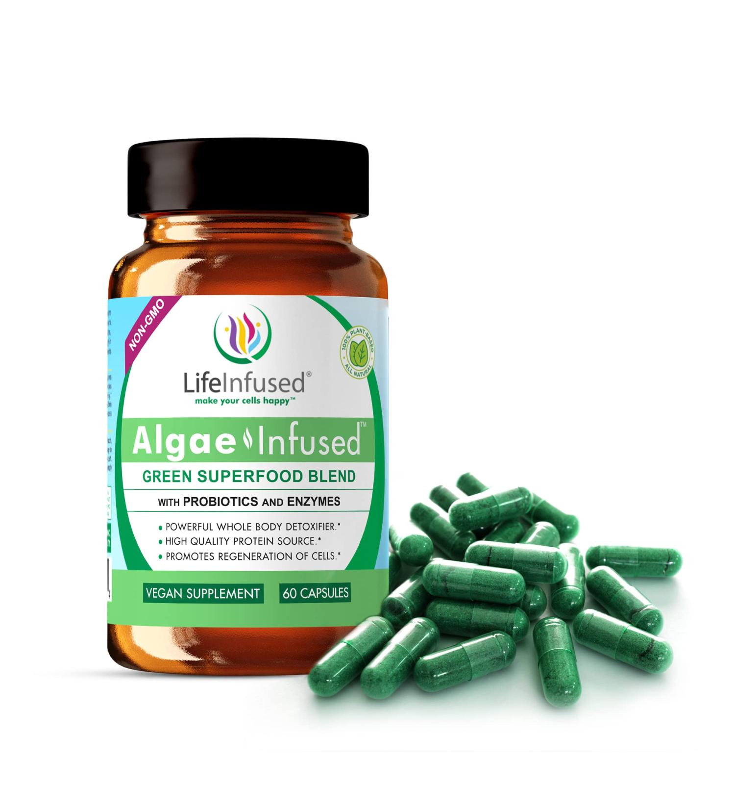 Life Infused Algae Infused - Premium Green Superfood Blend with Organic AFA Spirulina Chlorella - 60 Caps for Energy Digestion Detox & Immune Support - Buy Online on GoSupps.com