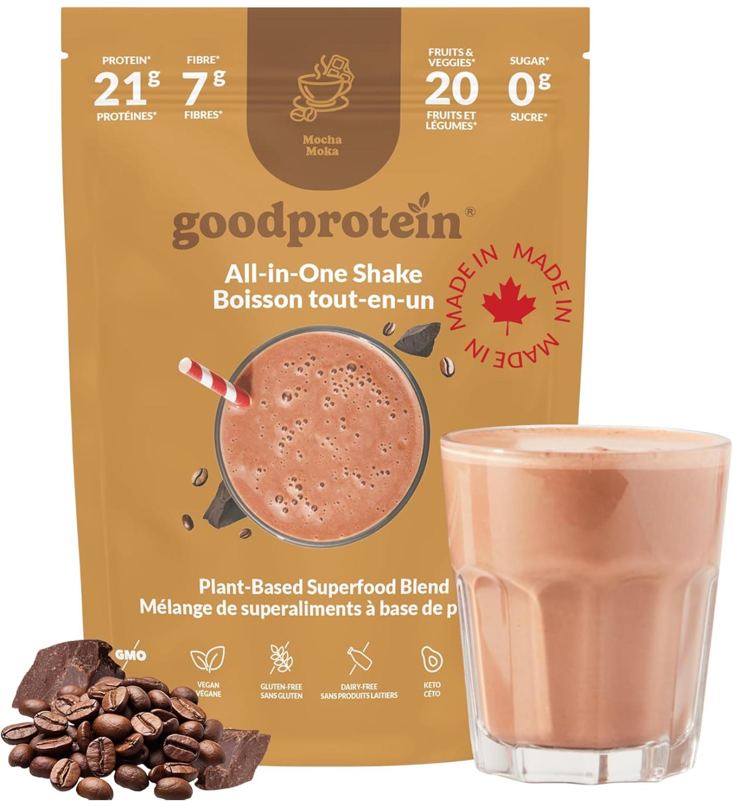 Good Protein Vegan Plant-based Protein Powder 100% Natural Non-GMO Dairy-free Gluten-free Soy-free No Added Sugar and Nothing Artificial. Mocha All-in-One Shake 440 grams Mocha 440 g - Buy Online on GoSupps.com