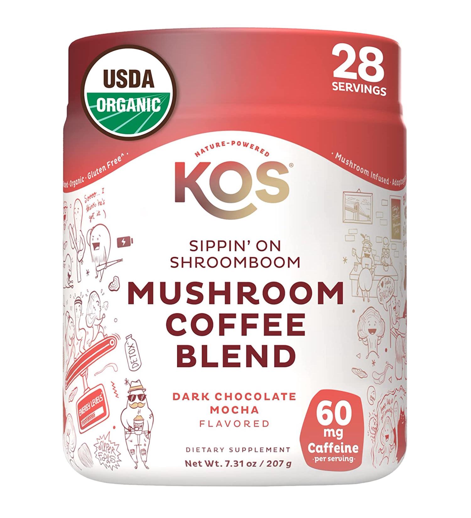 KOS Mushroom Coffee - Dark Chocolate Mocha Flavor - Organic Instant Coffee Mix with Reishi, Cordyceps, Lion's Mane, Chaga & Turkey Tail Mushrooms