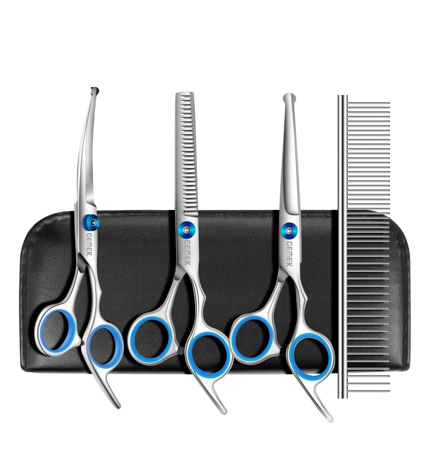 Gemek Professional Dog Care Scissors Set | Round Safety Tips Thinning Straight Curved Scissors & Comb for Dogs & Cats - Perfect for All Coat Lengths - Buy Online on GoSupps.com