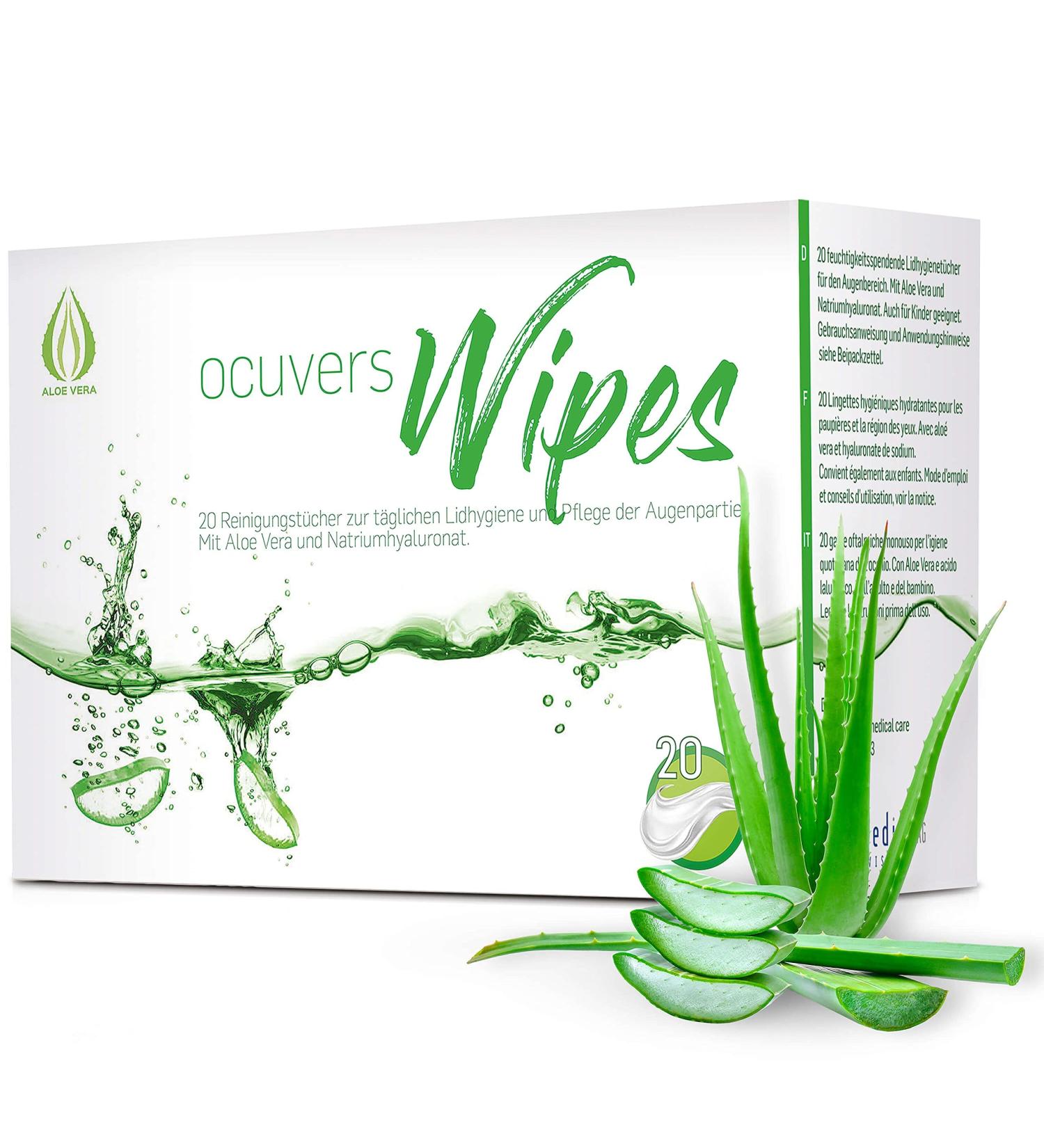 Ocuvers Eye Cleaning Wipes - Hygienic Eyelid Care with Hyaluron & Aloe Vera | 20 Pads for Dry Eyes Blepharitis & Inflammation - Buy Online on GoSupps.com
