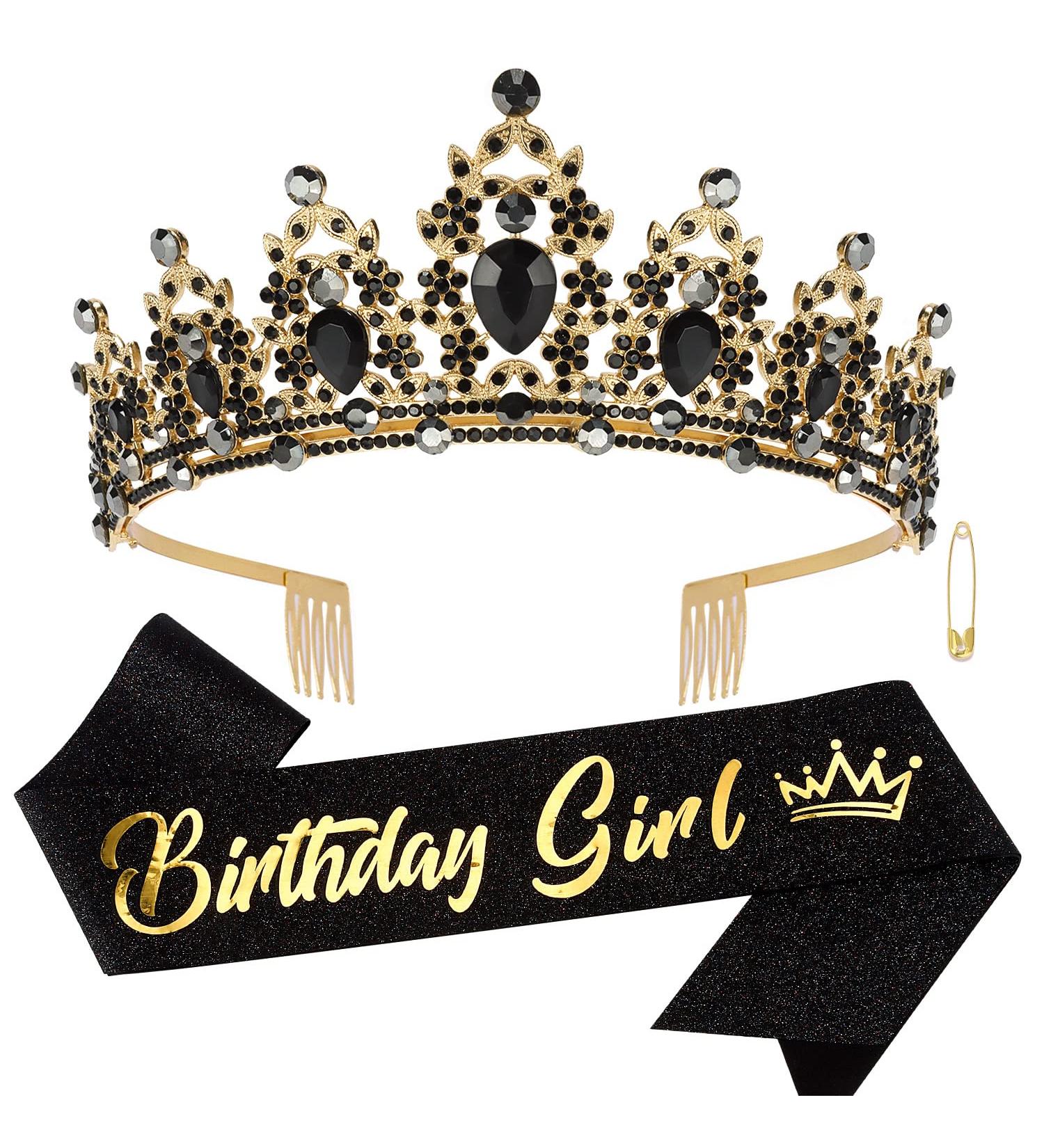 SuPoo Birthday Girl Crown Set - Black Tiara with Rhinestones Headband for Women - Perfect for Parties, Halloween, and Birthdays - Buy Online on GoSupps.com