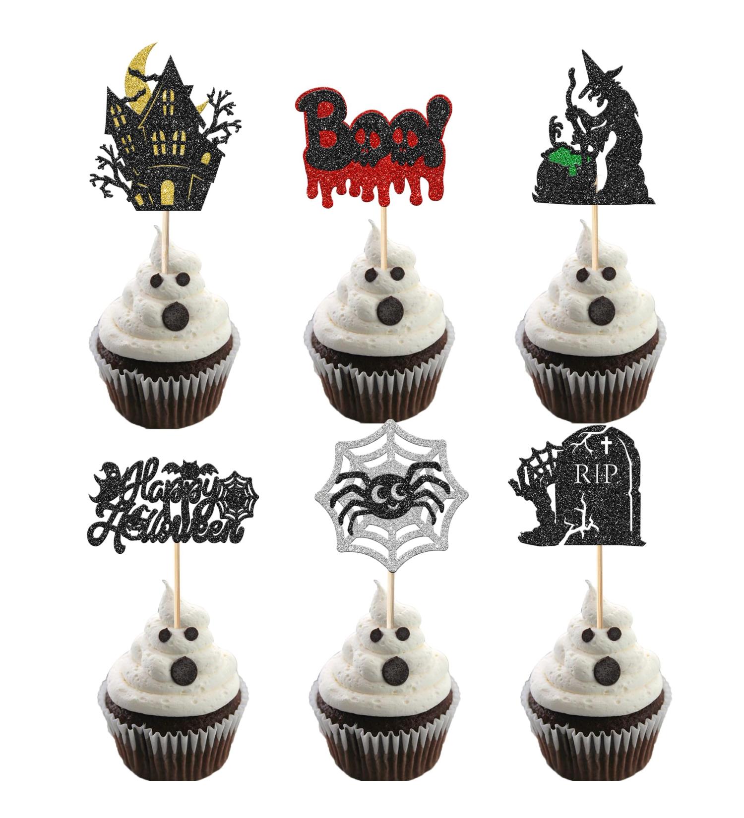 Rsstarxi 24 Pack Halloween Cupcake Toppers Glitter Tombstones Spider Boo Ghost Witch Cupcake Picks Skull Bat Happy Halloween Cake Decoration for Horror Halloween Baby Shower Birthday Party Decorations Design 25 - Buy Online on GoSupps.com