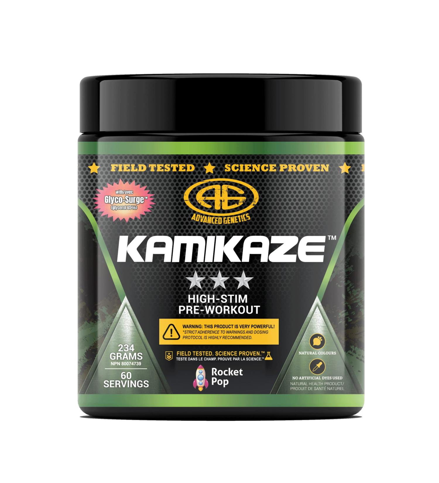 Advanced Genetics Kamikaze Highest Stimulant Pre-Workout 500mg Caffeine Huperzine Nootropics Delicious Flavour Rocket Pop 204 grams - Buy Online on GoSupps.com