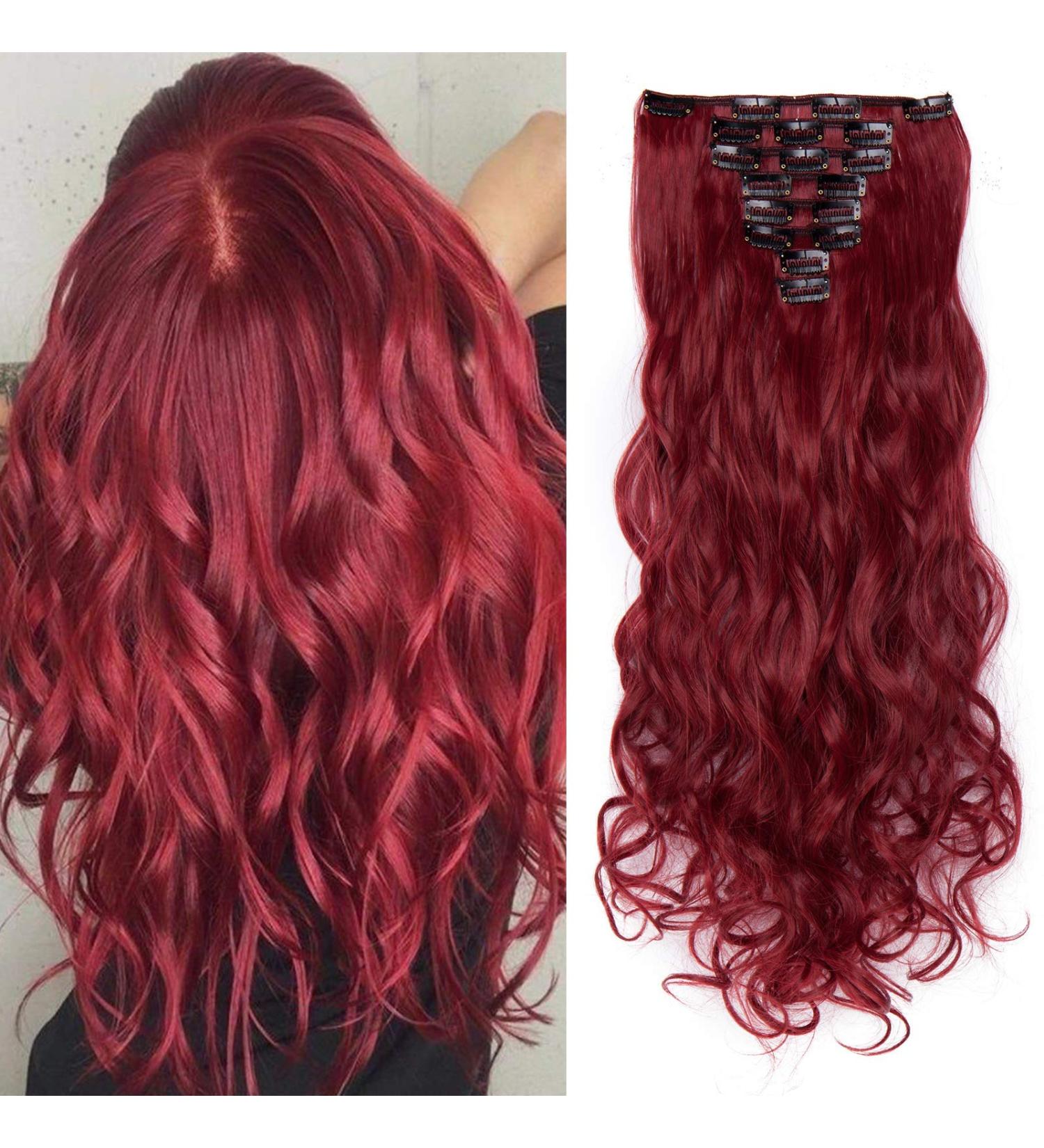 Silk-co 24 inch Clip in Hair Extensions - Maroon&Dark Red Synthetic Hairpiece Extension - 8pcs Long Curly Wavy Hair Pieces - Full Head 24 Inch Curly #Maroon&Dark Red - Buy Online on GoSupps.com