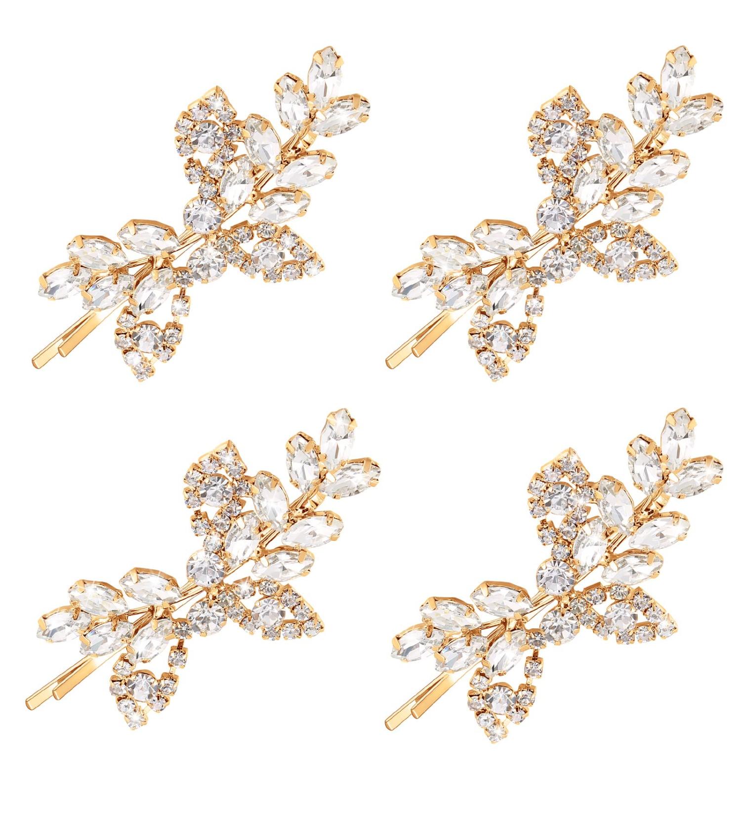 Gold Rhinestone Leaf Wedding Hair Clips - 4 Piece Bridal Hairpin Set | Elegant Hair Accessories for Women and Girls - Buy Online on GoSupps.com