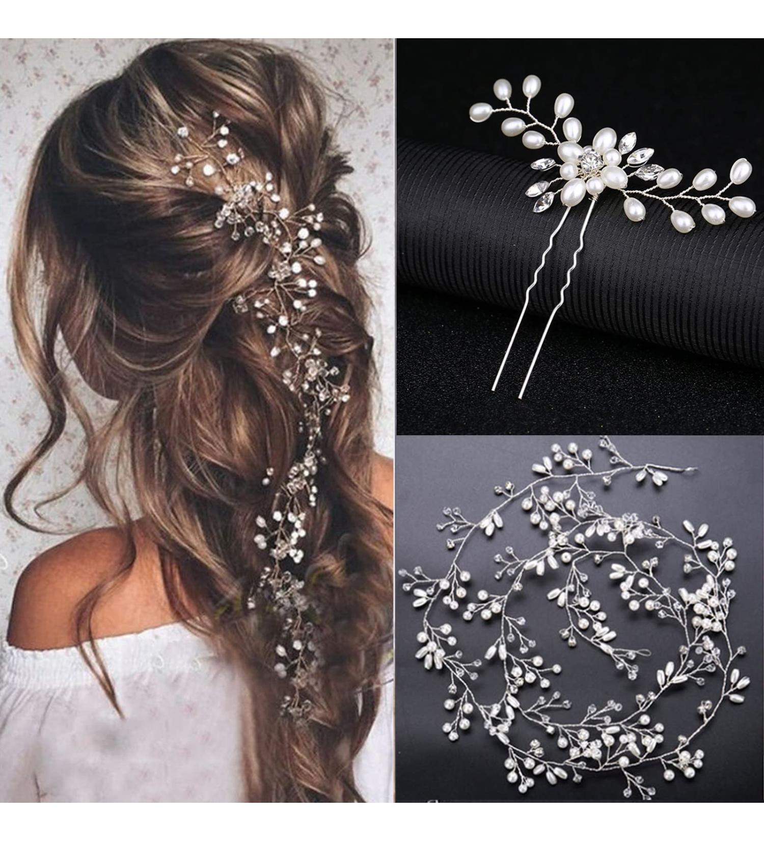 Bridal Wedding Hair Accessories Set - Pearl and Crystal Beads Hair Vine Headband with Rhinestone Pins - Silver Jewelry Headpiece for Brides and Bridesmaids - Buy Online on GoSupps.com