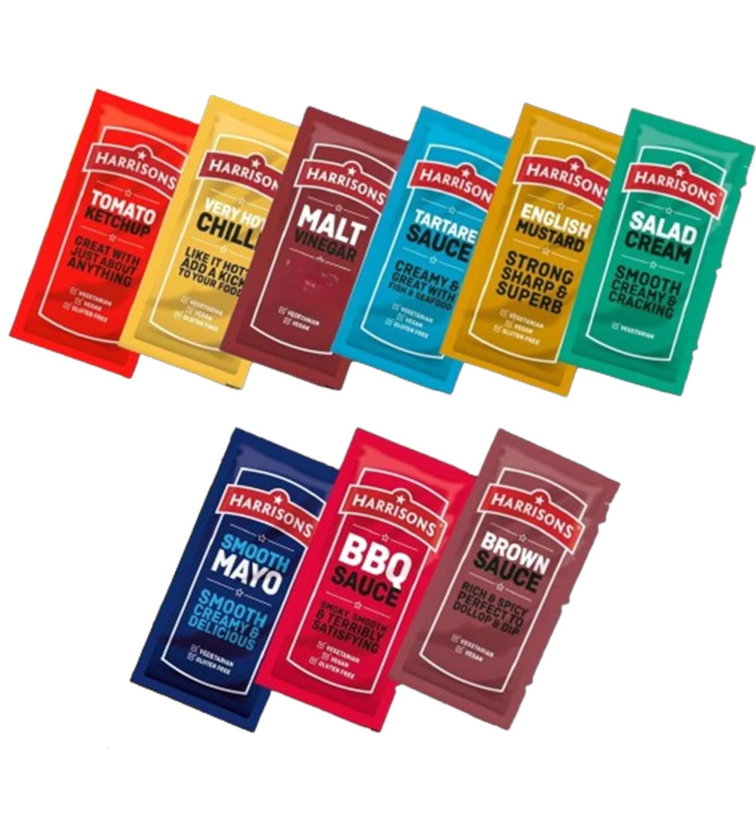 Harrisons Sauce Pick N Mix - Create Custom Sauce Combo with 6+ Flavours | Mayonnaise BBQ Brown Tomato Ketchup Salad Cream Tartare | 400 Sachet - Perfect Chips Gift Set for Chips Lovers - Buy Online on GoSupps.com