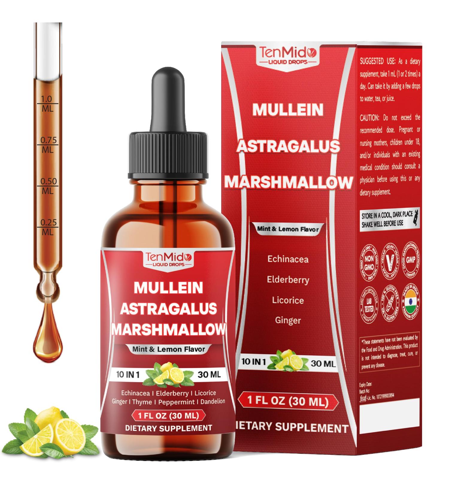 Tenmido 10in1 Mullein Tincture - Mullein Leaf Extract Drops with Astragalus Marshmallow Root Echinacea Elderberry Licorice Ginger Thyme Leaf Peppermint and Dandelion - 30 Days Supply - 1FL Oz - Buy Online on GoSupps.com