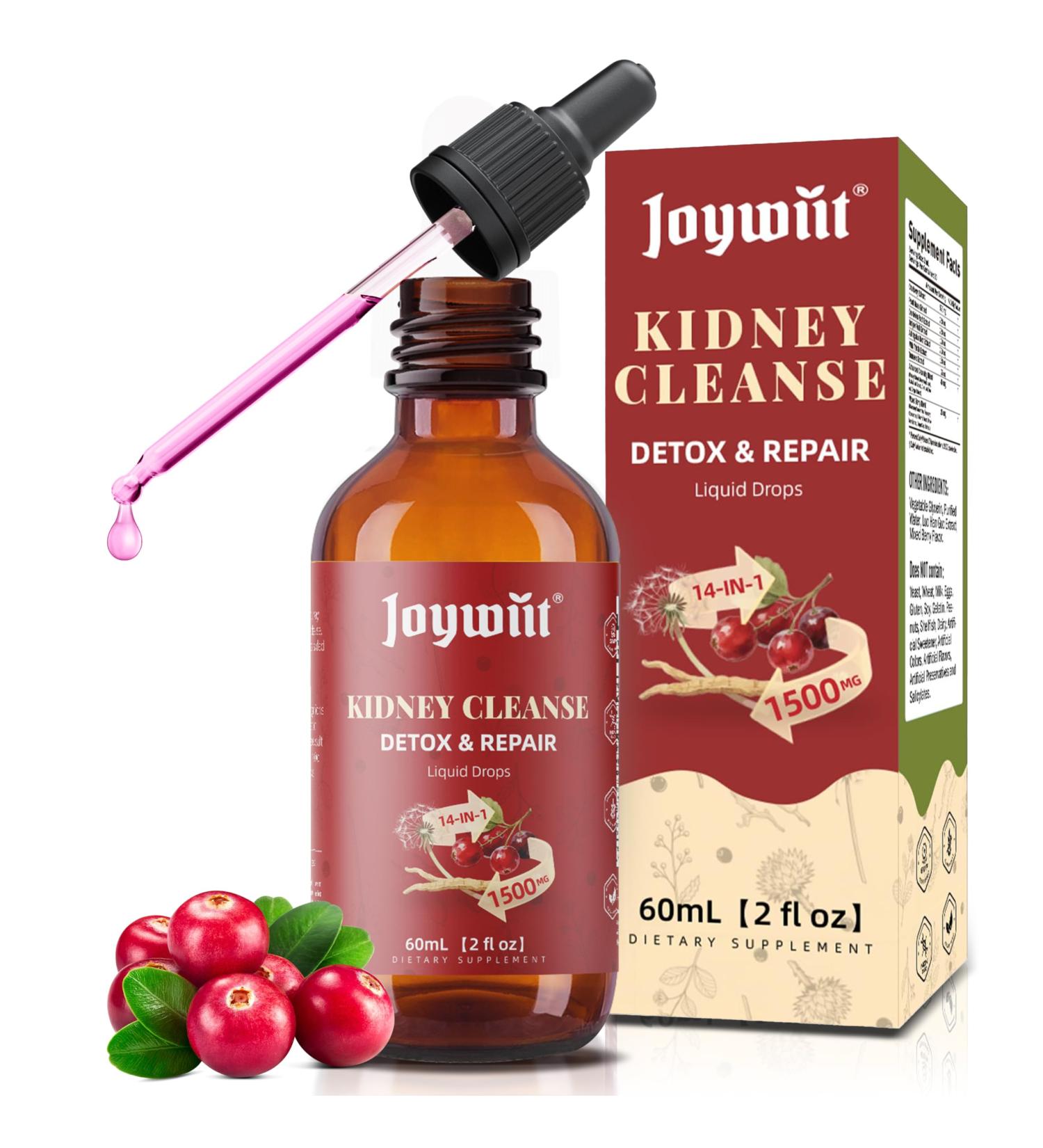 Joywiit Kidney Cleanse Detox & Repair Liquid Drops 14-in-1 Advanced Liver Kidney Support Herbal Supplement with Cranberry, Milk Thistle, Juniper Urinary Tract Support Mixed Berry Flavor, 60 mL - Buy Online on GoSupps.com